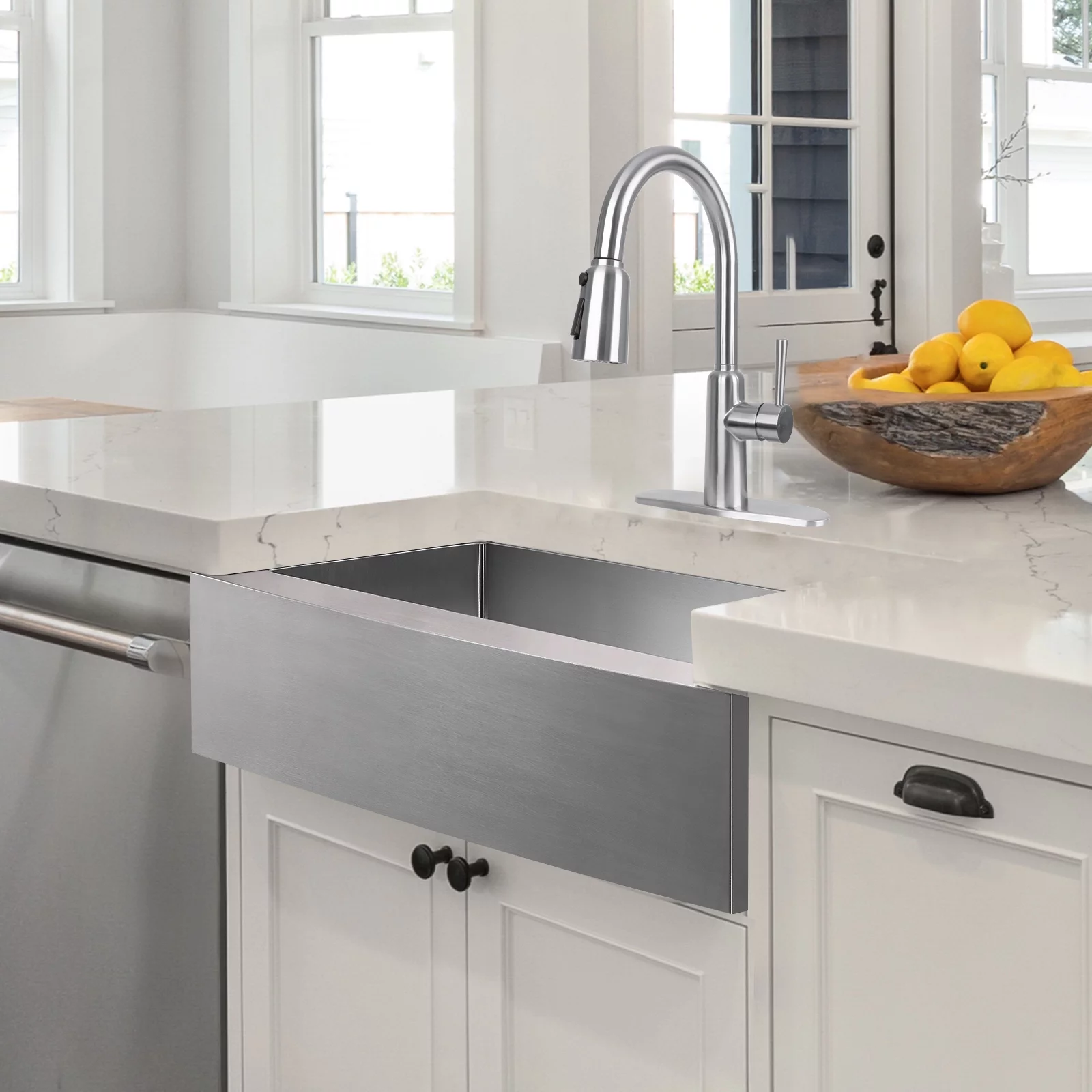 30' Farmhouse Single Bowl Kitchen Apron Sink and Pull-down Faucet Combo with Drain Assembly with Strainer, Protective Bottom Grid (30' x 21' x 10')