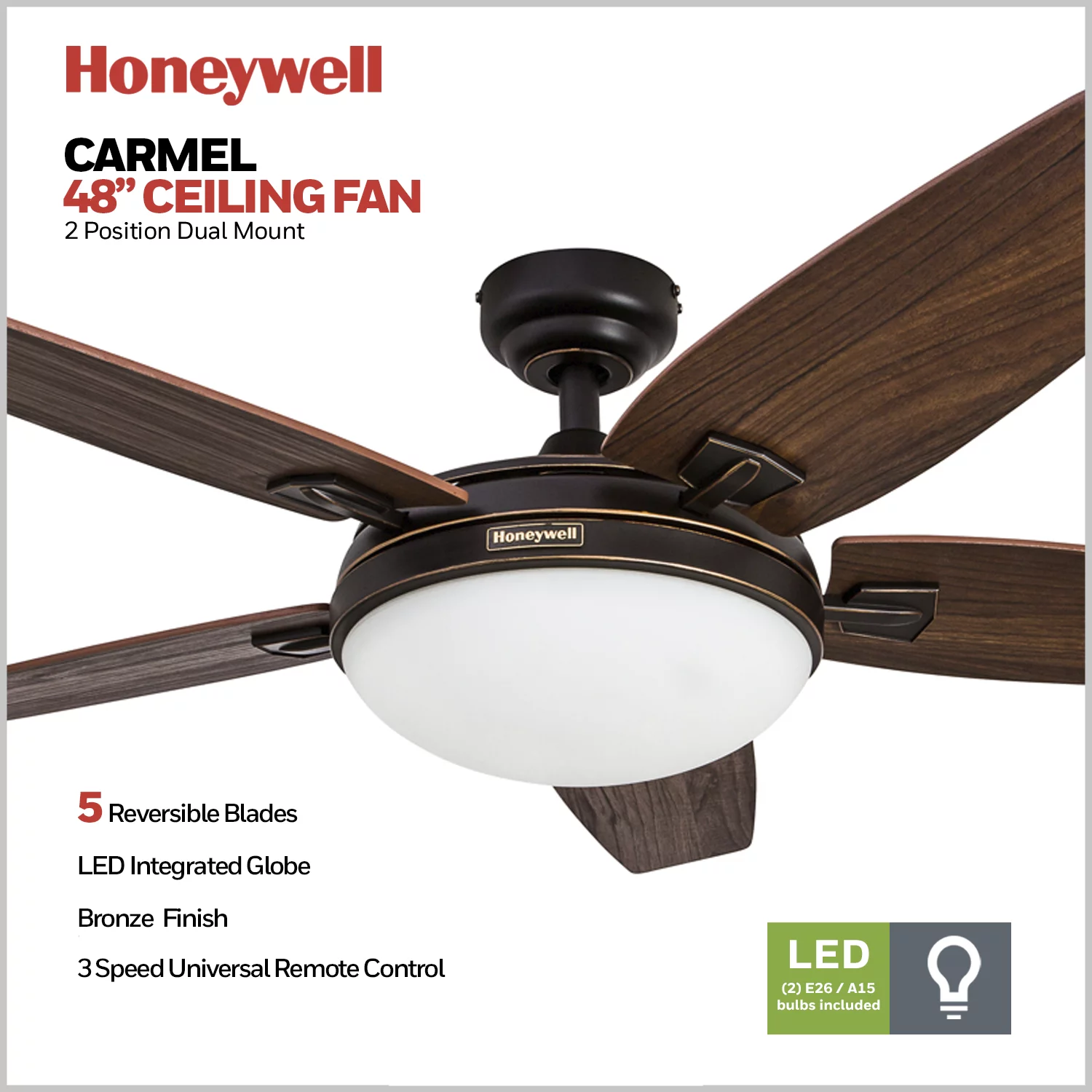 Honeywell Carmel 48' Bronze Ceiling Fan with Lights and Remote Control