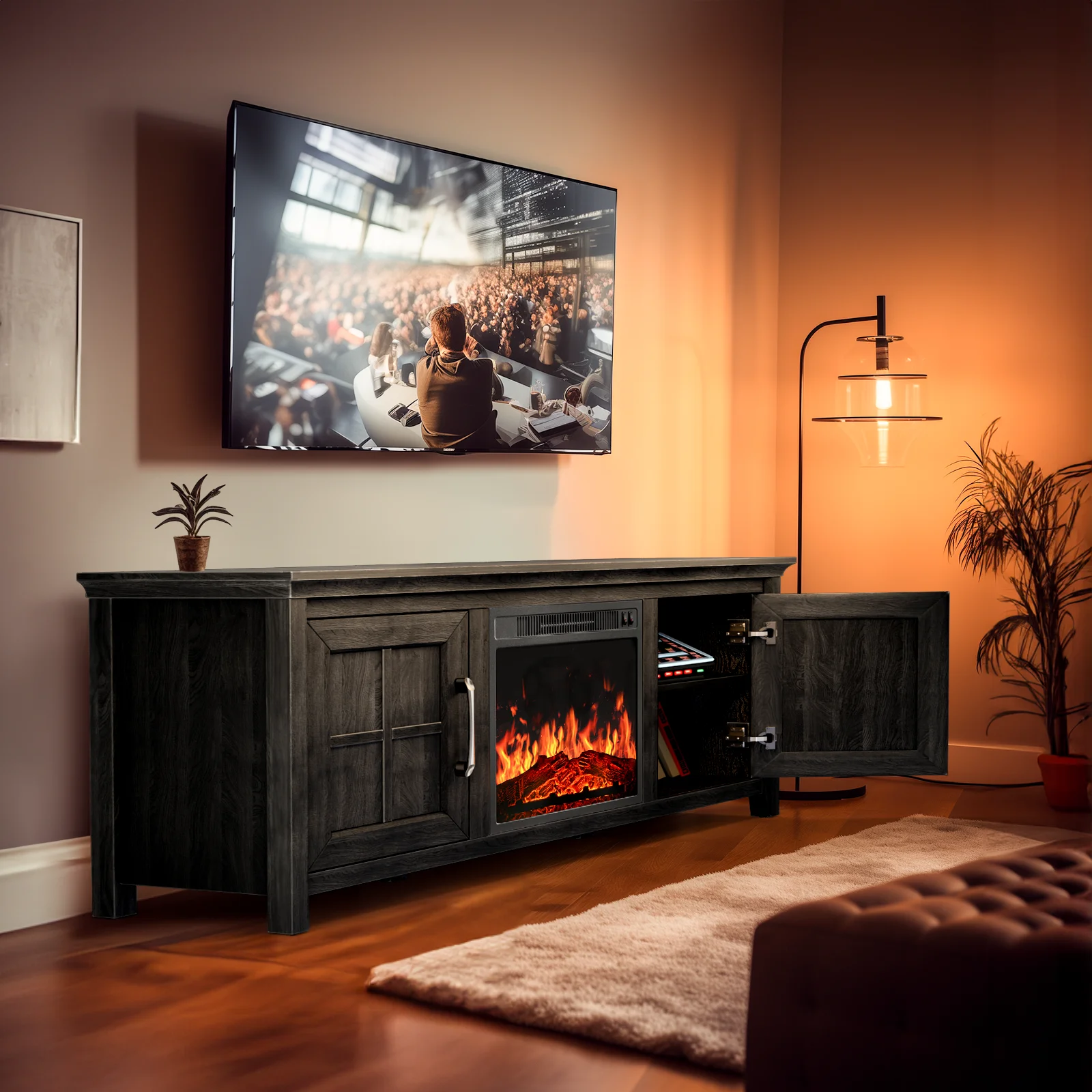 Fireplace TV Stand for 70 inch TV Fireplace Entertainment Center with Adjustable Shelves TV Console Table for Living Room Bedroom