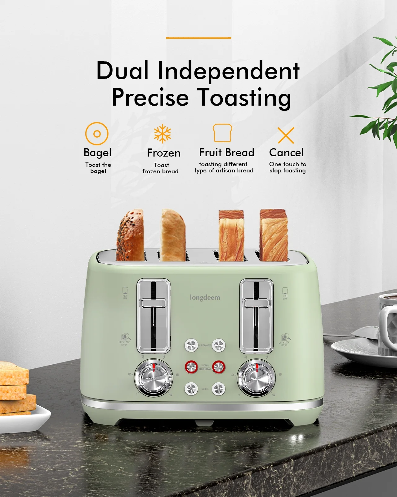 4 Slice Toaster, Extra Wide Slots, Longdeem Retro Stainless Steel Toasters, 6 Browning Options, Lift + Look, Auto Shut Off & Frozen Function, Toast Fruit Bread, Bagel & Waffle, Pastel Green