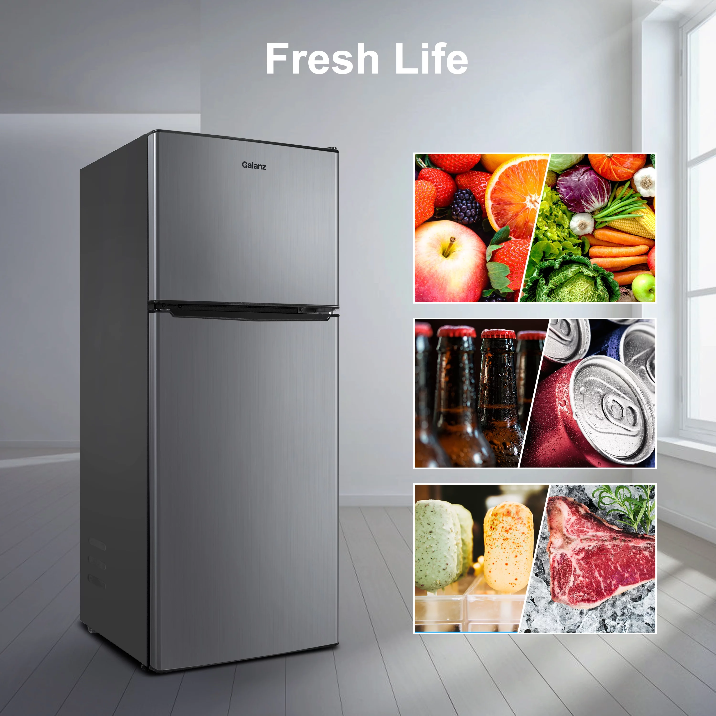 Galanz 4.6. Cu ft Two Door Mini Fridge with Freezer, Stainless Steel Look new