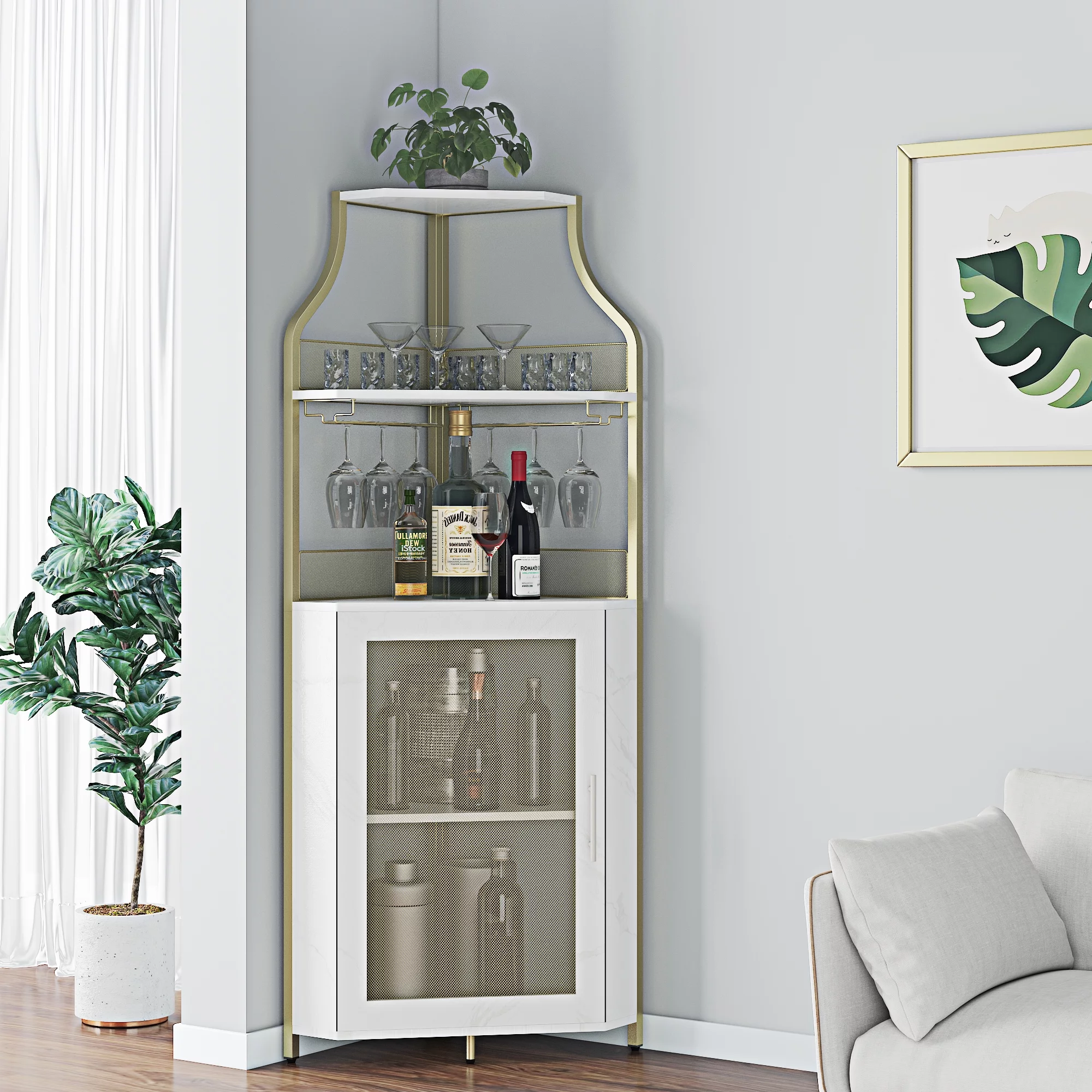 4-Tier Corner Wine Bar Rack Cabinet with Detachable Wine Rack, Bar Cabinet with Glass Holder, Free Standing Corner Storage Cabinet with Mesh Door for Home Kitchen Dining Room