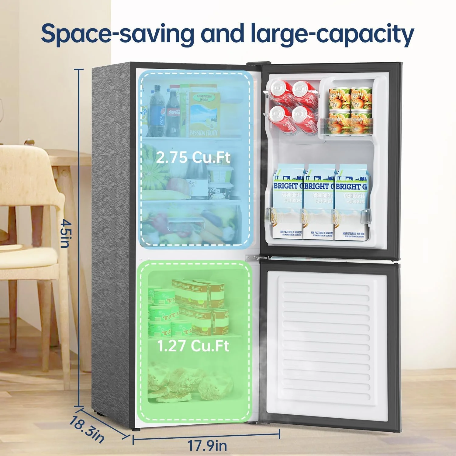 AUCHI 4.0 Cu.Ft Compact 2-Door Mini Fridge with Bottom Freezer for Apartments, Dorms, and Offices - Black