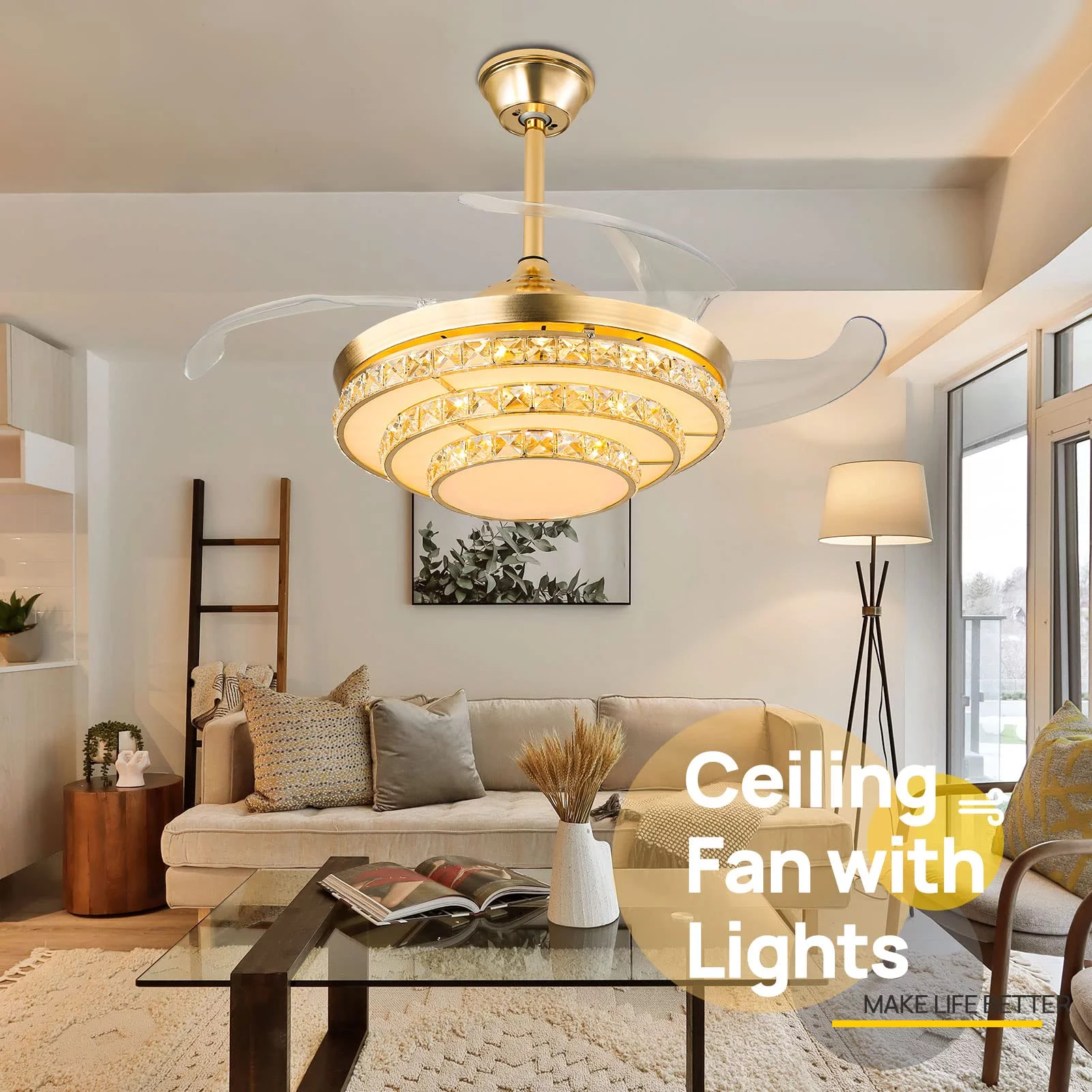 KPIBEST 42' Crystal Ceiling Fan with Light Gold Finish Fandeliers for Dining Room Bedroom Chandelier Fan with Retractable Blades