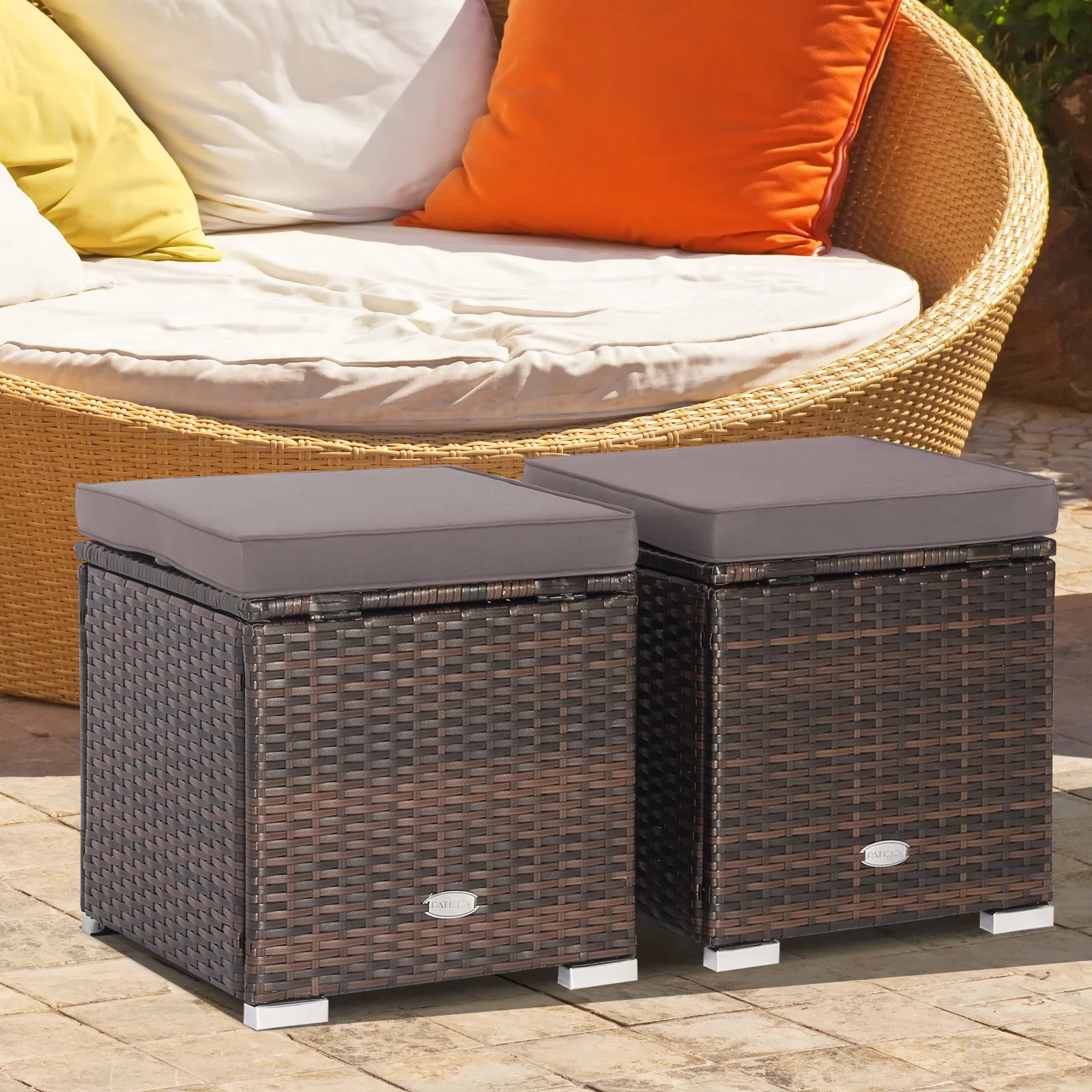 Costway 2PCS Patio Rattan Ottomans Seat Side Table Storage Box Footstool with Cushions Grey