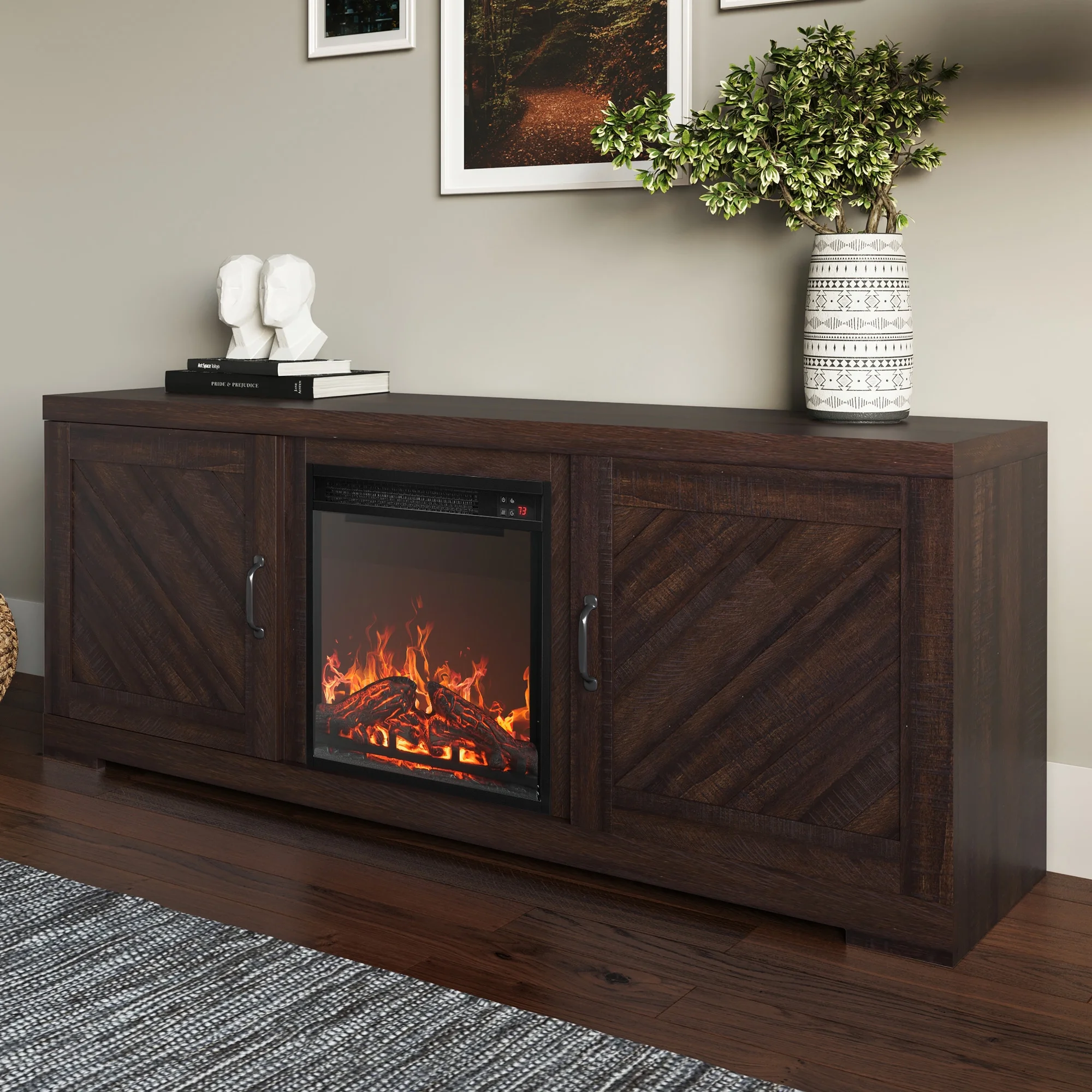 BELLEZE 58' Farmhouse TV Stand Media Entertainment Center For TVs up to 65' with 18' Fireplace - Hilo (Espresso)