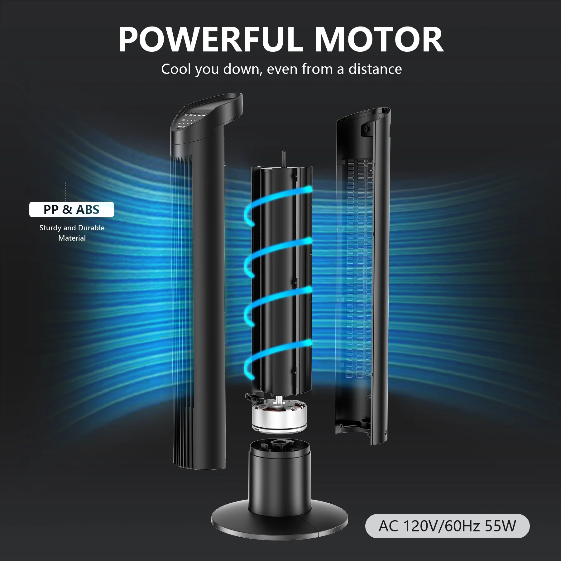 HONGGE 35' Tower Fan for Bedroom, Oscillating Fans for Indoors with 3 Speeds, 3 Modes, 7.5H Timer, Bladeless Fan, Standing Floor Fans, Black