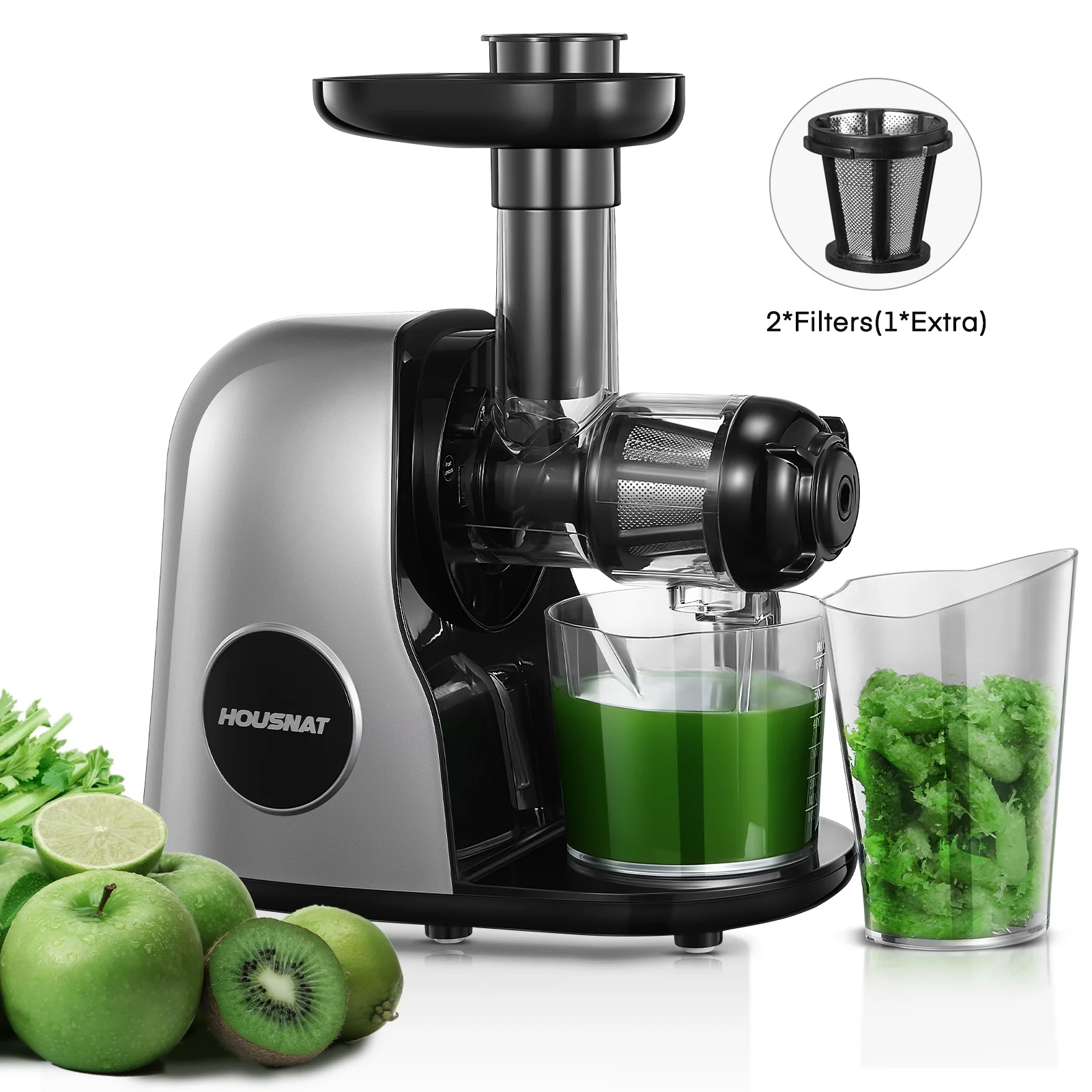 HOUSNAT Juicer Machines, Slow Masticating Juicer with Higher Juice Yield and Drier Pulp For Vegetables and Fruits- Easy to Use and Clean | 150-Watt | Quiet Motor & Reverse Function | BPA-Free