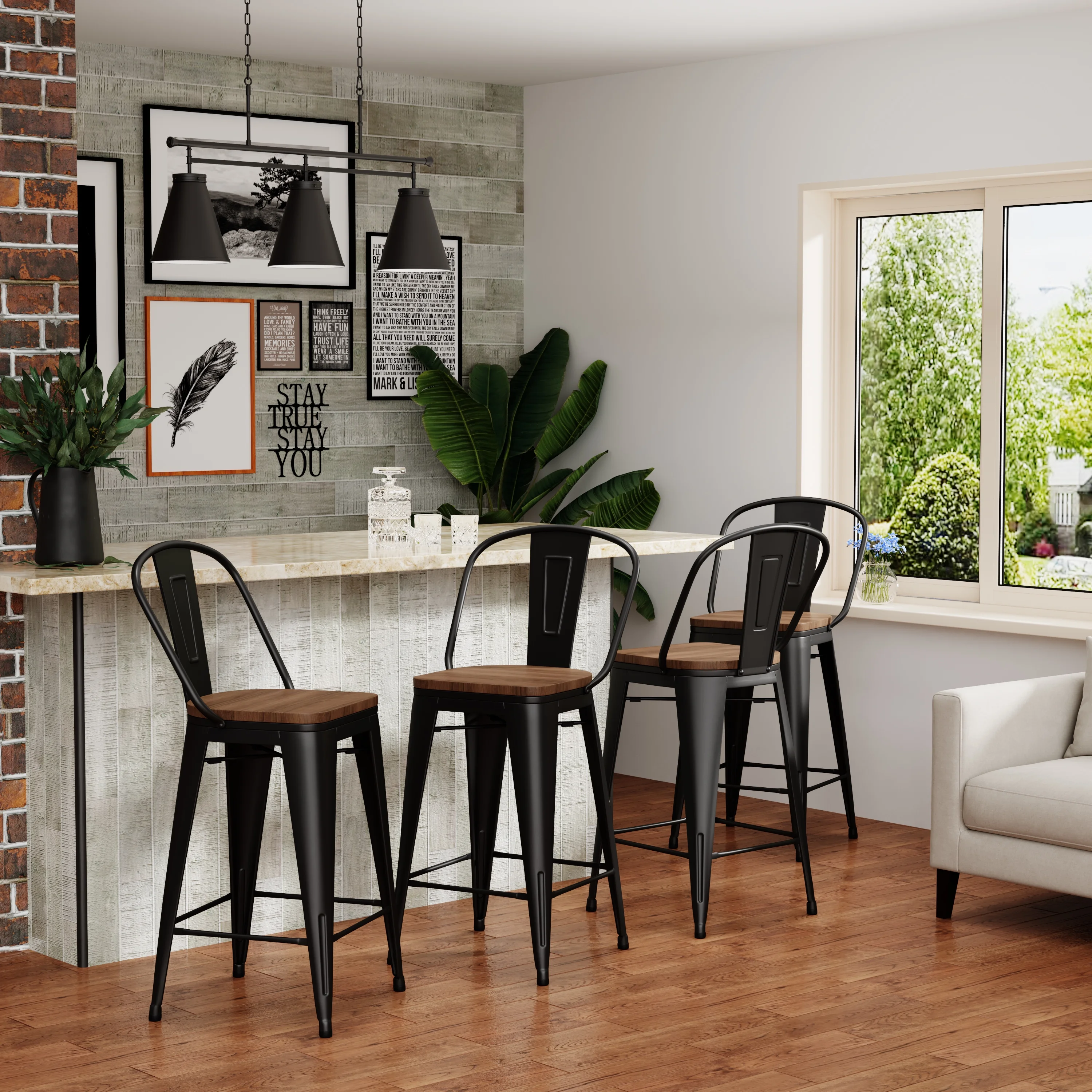Andeworld 26' Bar Stools Set of 4,Counter Height Bar Stools with Larger Seat,Bar Stools with Back,Black Metal Bar Stools with Removable Back,Farmhouse Bar Stools,High Back Kitchen Bar Stools Chair