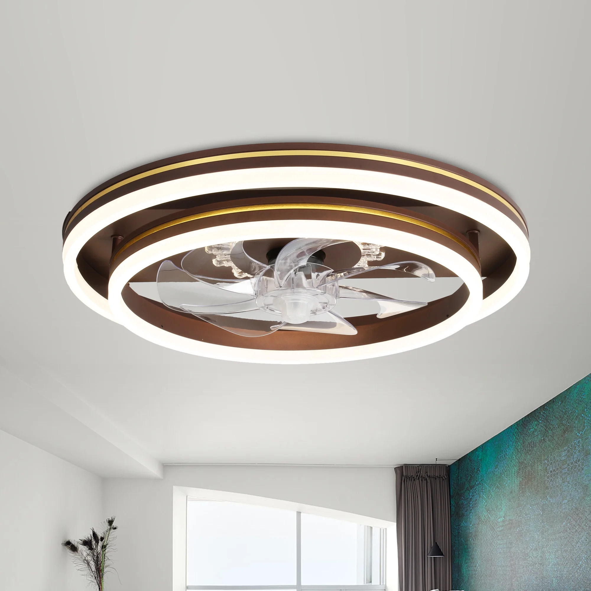 Coffee Flush Mount Ceiling Fan 6-Speed Low Profile Dimmable Ceiling Lighting with Reversible Blades and Remote