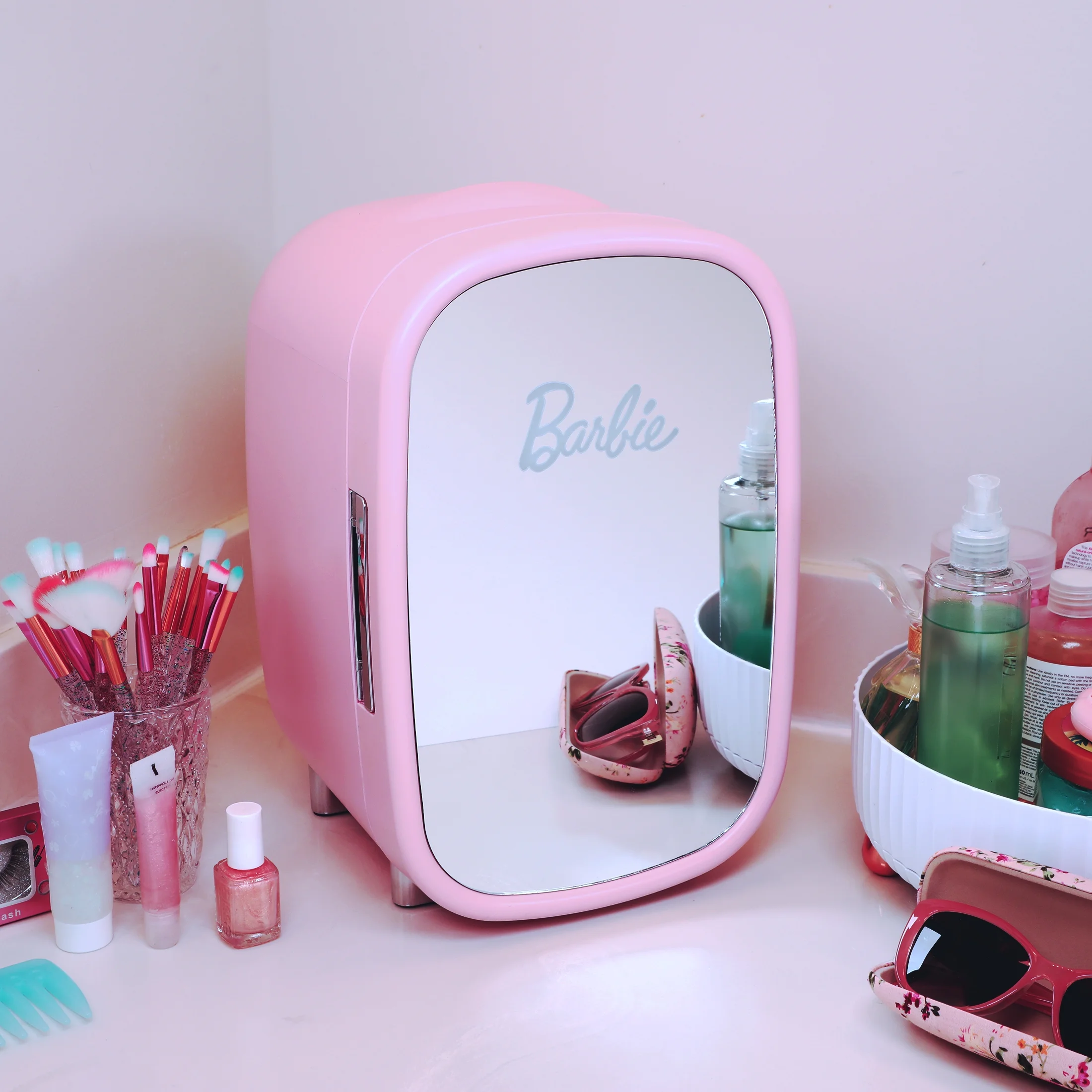 Barbie Pink Beauty Mini Fridge 7L with Glass Mirror Door AC
