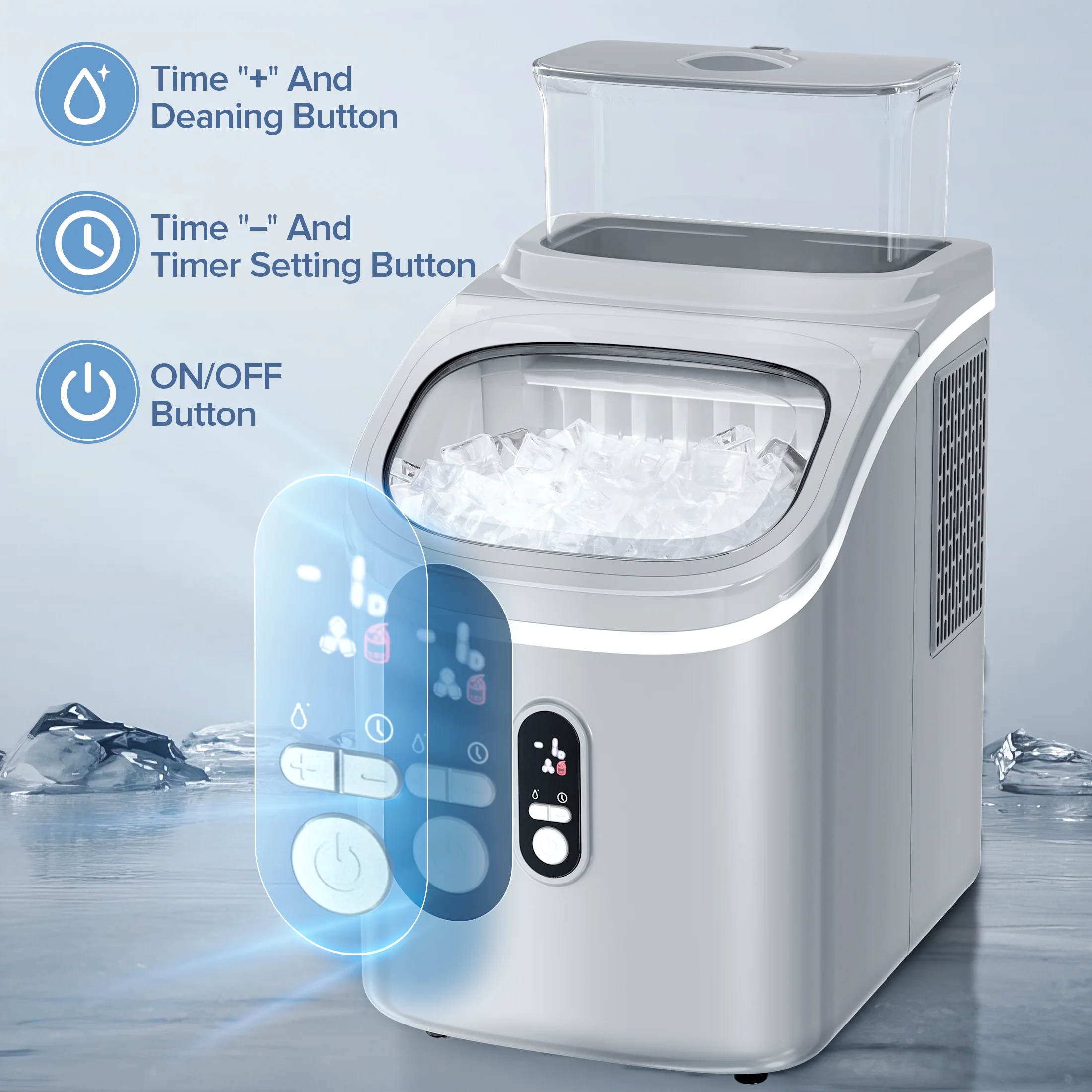 Auseo Nugget Ice Maker Countertop with 1.5L Detachable Water Tank , Self-Cleaning Function, for Party/Kitchen/Office, GREY