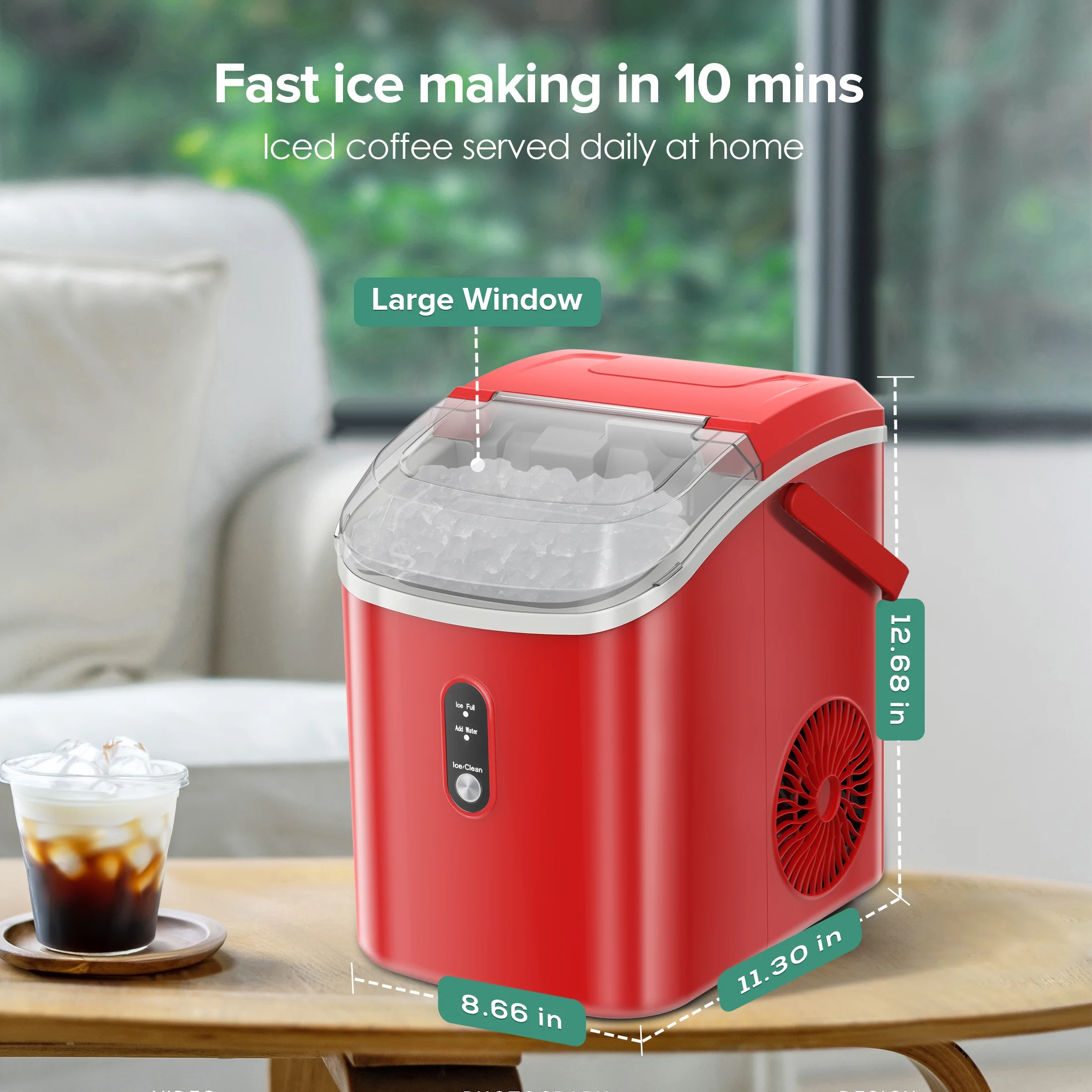 KISSAIR Nugget Ice Maker Countertop with Soft Chewable Pellet Ice, Portable Ice Machine with Handle, 34lbs/24H, One-Click Operation for Home/Party (Red)