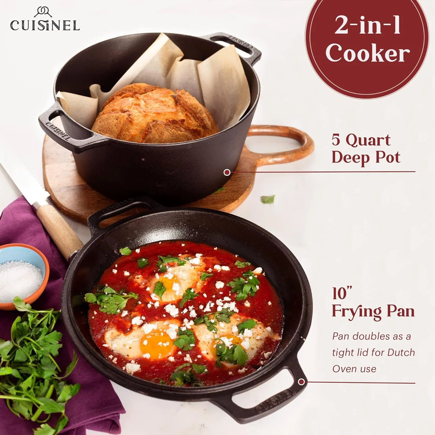 Cuisinel Cast Iron Pot with Lid 2-in-1 Multi Cooker Pre-Seasoned Dutch Oven 5 Quarts