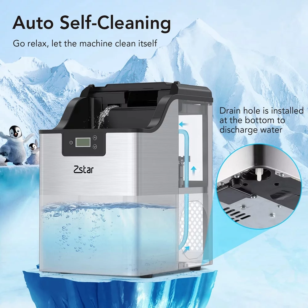 Acekool Nugget Ice Maker, 44Lbs/24H Auto Self-Cleaning Compact Ice Maker with Ice Scoop & Basket, Stainless Steel, Crunchy and Chewable, Ideal for Home Use/Party/Camping, Silver