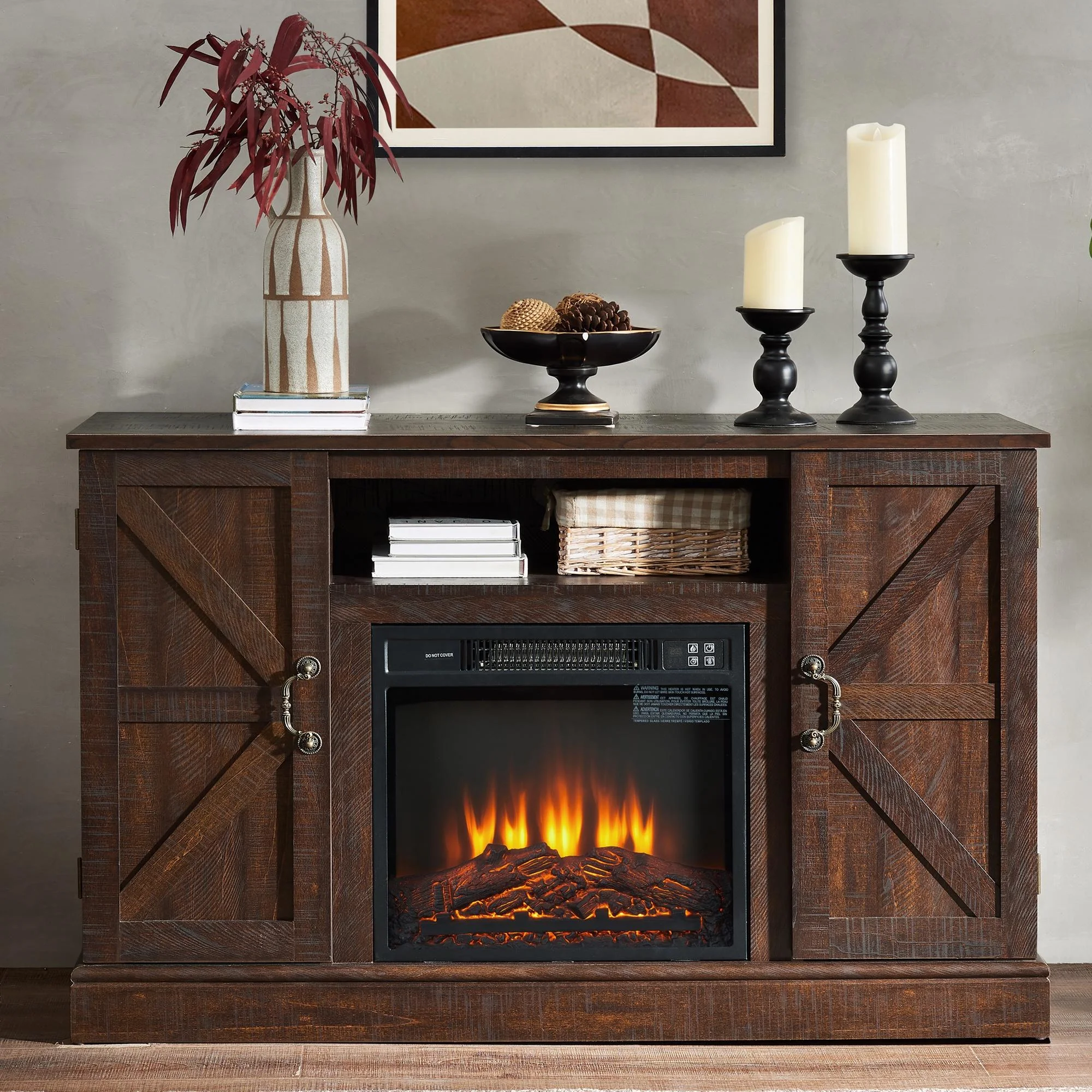 58' TV Stand with Fireplace for 65inch TV, Black Electric Fireplace TV Stand, Flame & Temperature Adjustment Wood Fake Fireplace Entertainment Center