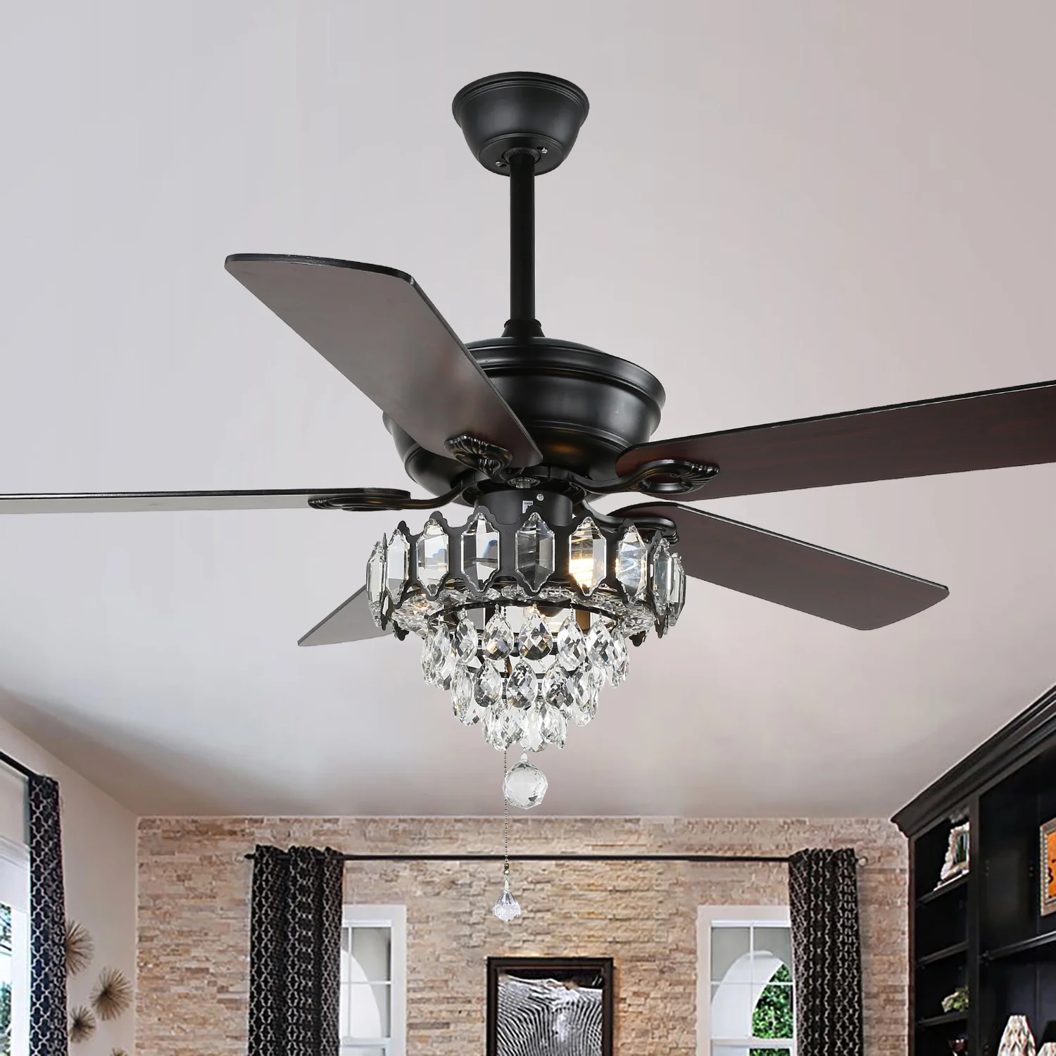 52' Black Crystal Ceiling Fan with Remote Control and Light Kit, Modern 3-Speed Reversible Motor Ceiling Fan with Wood Blades