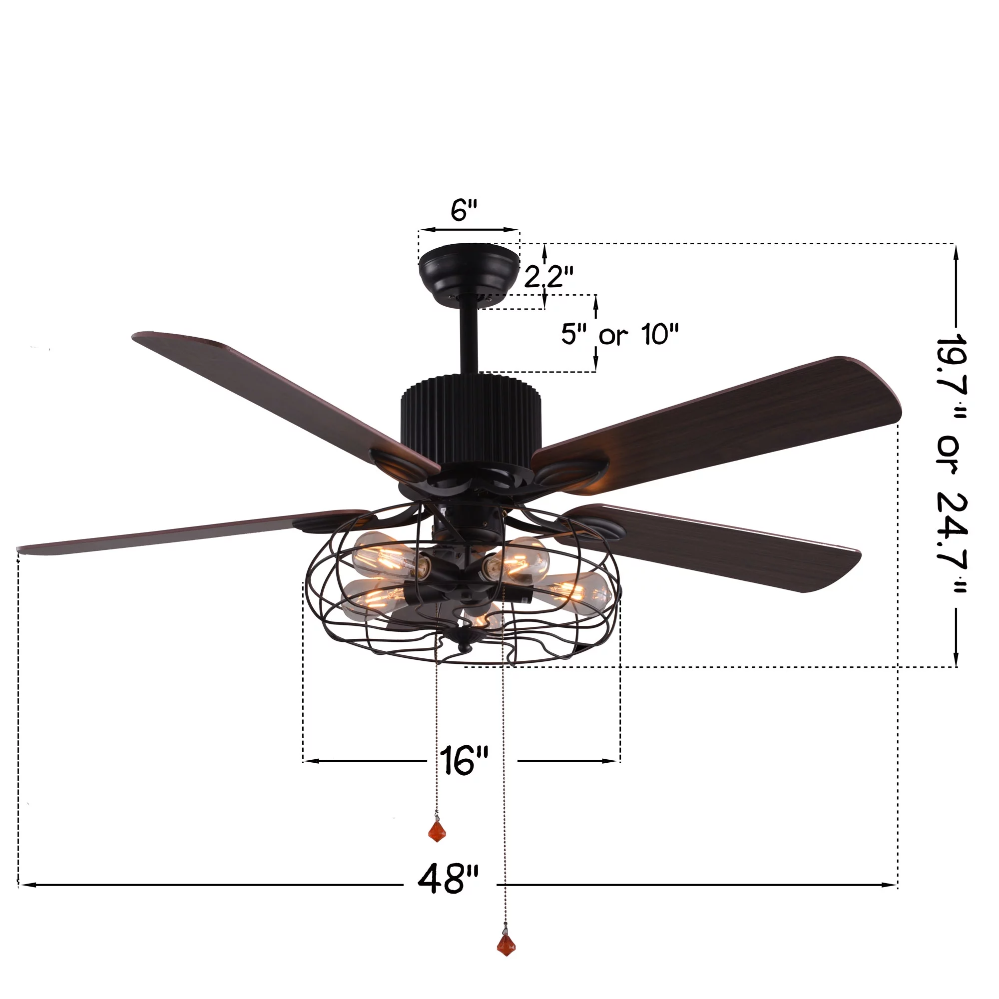 48' Black Industrial Reversible Ceiling Fan, 3-speed Metal Caged Ceiling Fan with Remote Control and Light Kit, Pull Chain included
