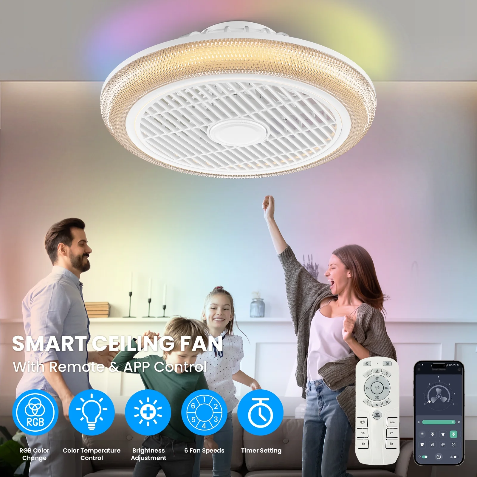 BLITZWILL 16' Ceiling Fan with Lights, With RGB Back Ambient Light,Remote & APP Control,Dimmable Color Temperature and 6 Wind Speeds & Timing,Bladeless Enclosed Ceiling Fans
