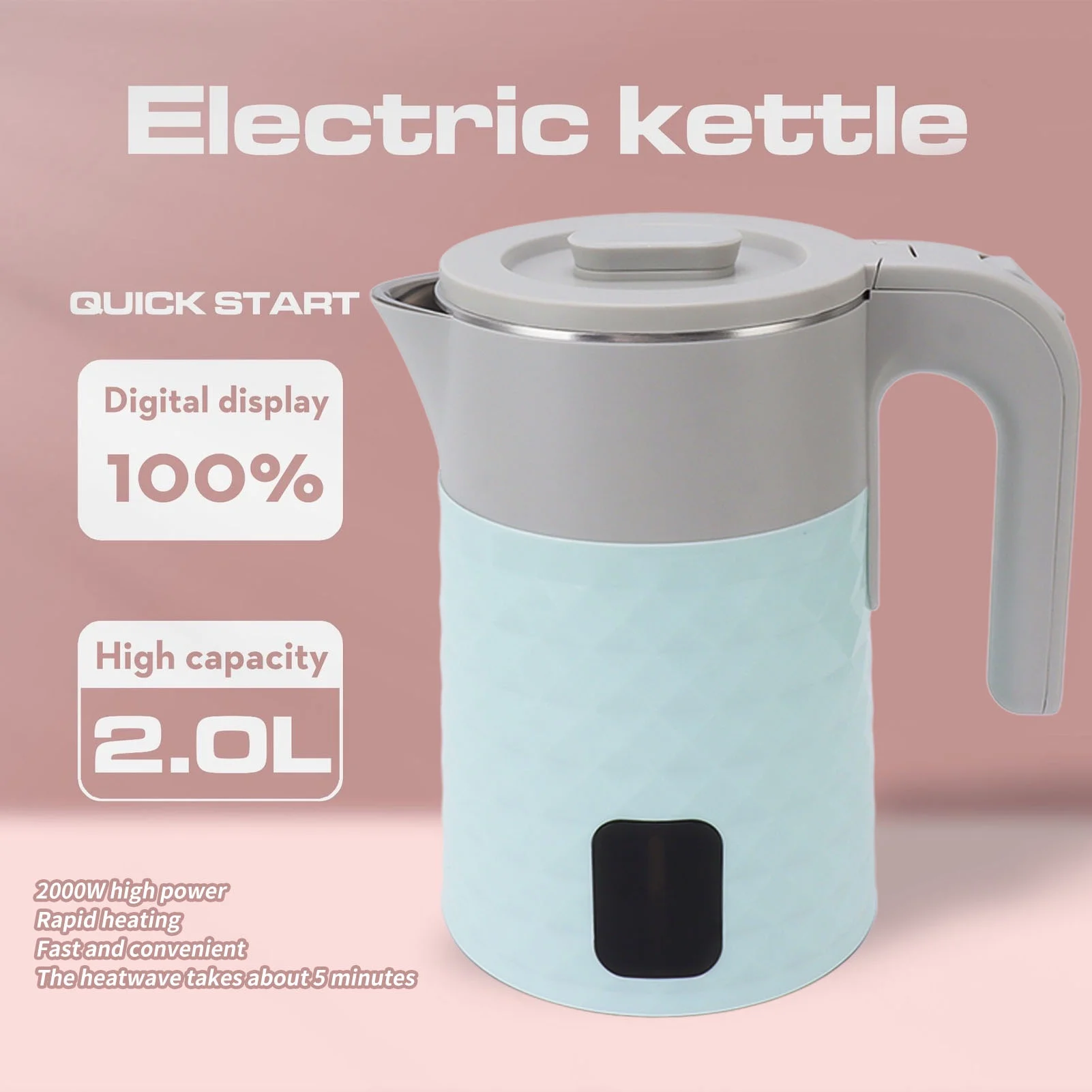 Big sale Electric Tea Kettle 2L Fast Heating Water Boiler Stainless Steel Double Wall Water Heater for Home Dormitory Office UK Plug 220V Blue