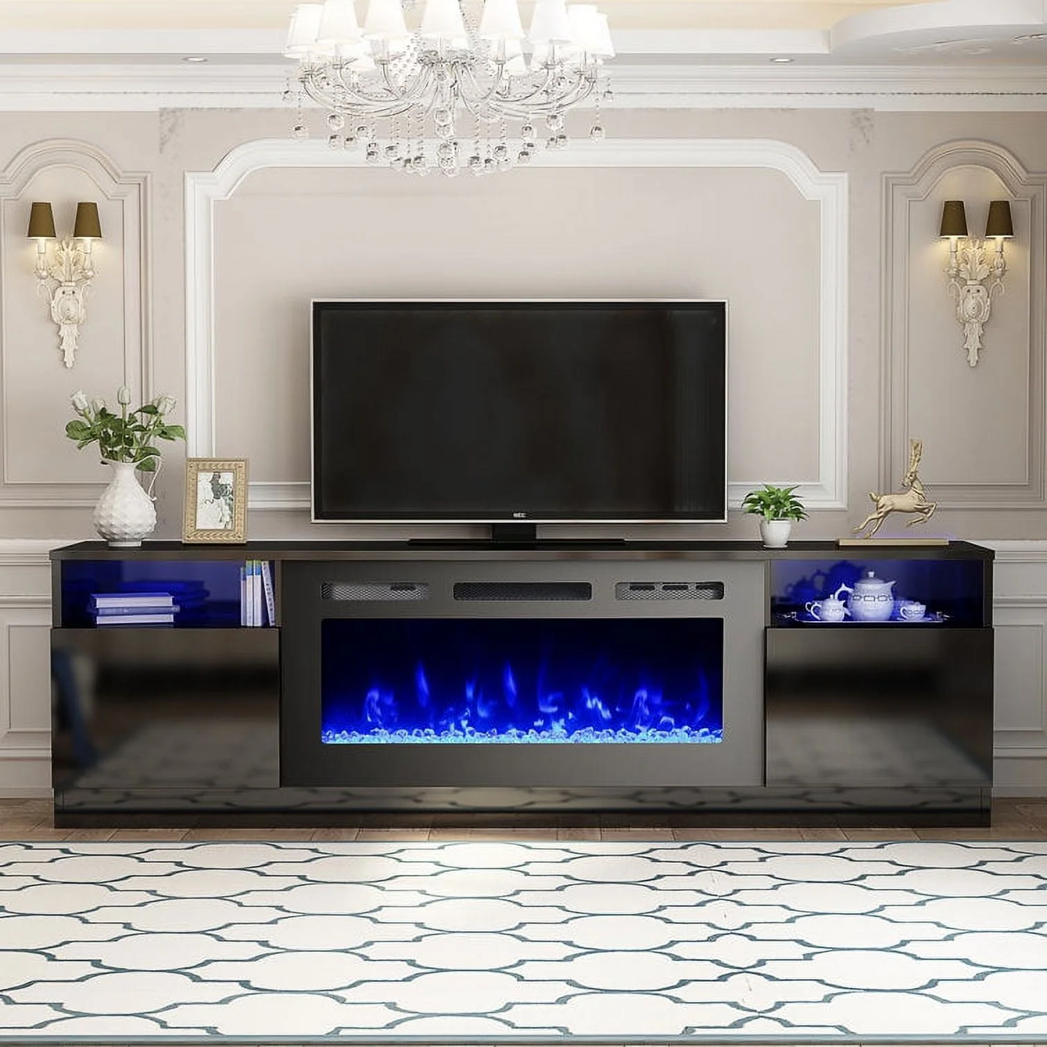 Hommow 70'' Fireplace TV Stand with 36'' Electric Fireplace, Entertainment Center, TV Console for TVs up to 80'' for Living Room, Black