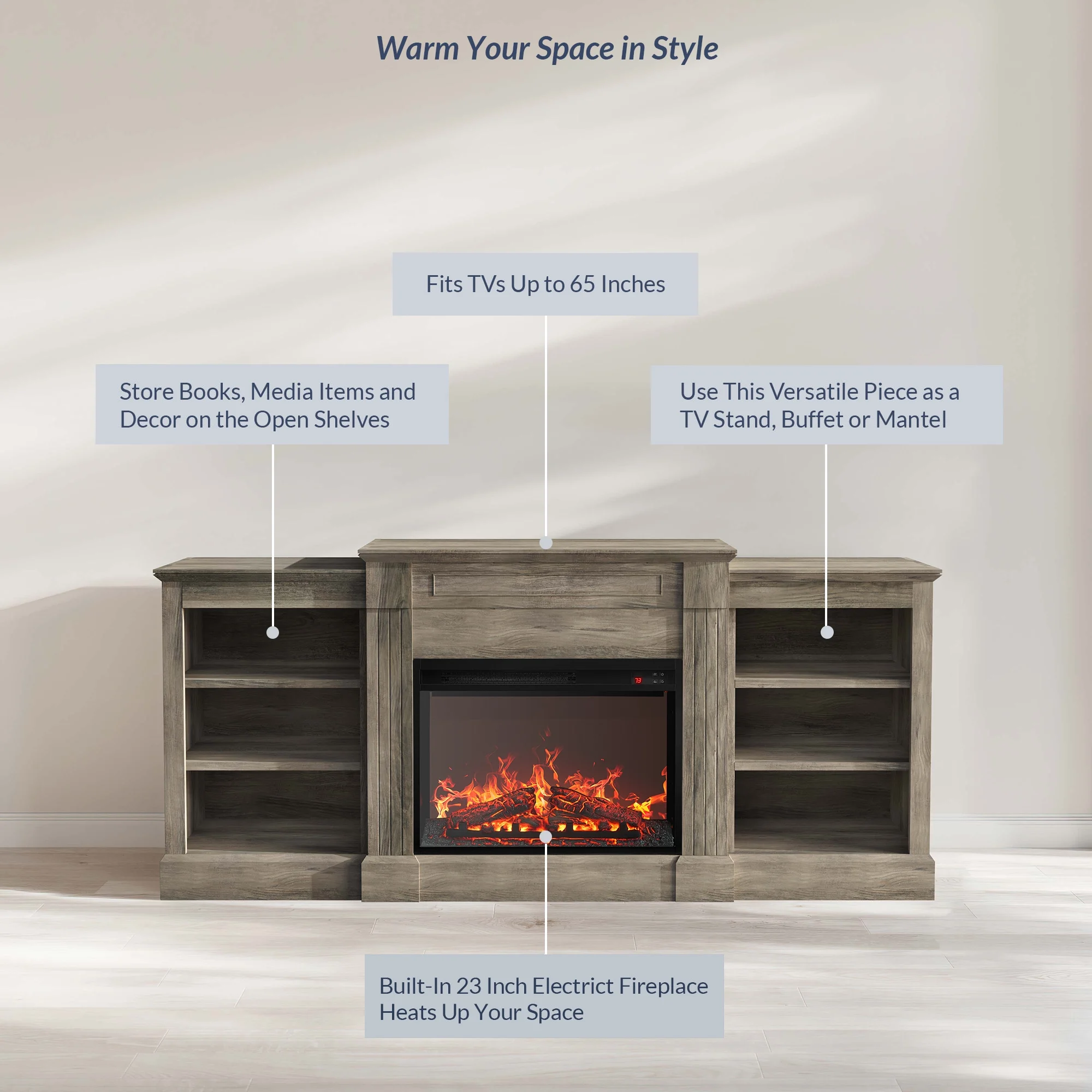 BELLEZE 66' Mantel TV Stand Entertainment Center For TVs up to 66' with 23' Fireplace - Lenore (Gray)
