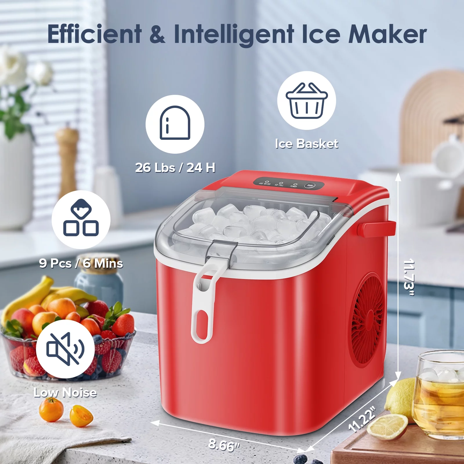 KISSAIR Portable Ice Maker Countertop, with Handle, 26Lbs/24H, 9Pcs/6Mins, One-Click Operation Ice Makers with Ice Scoop and Basket, Self-Cleaning, for Kitchen/Office/Bar/Party (Red)