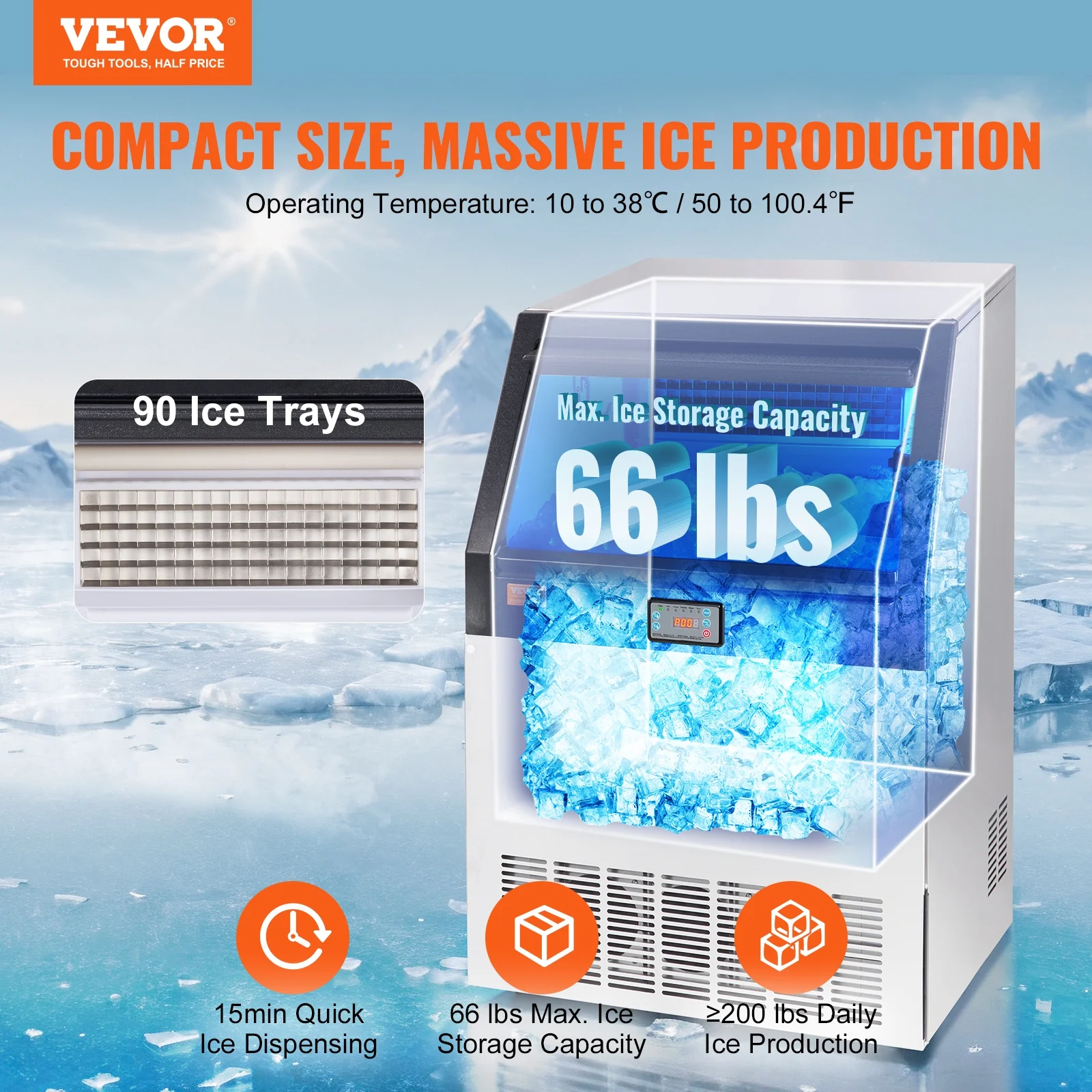 BENTISM Commercial Ice Maker Freestand Ice Cube Machine 200LBS/24H 66LBS Storage