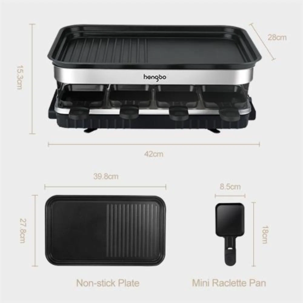 8 People Grill Plate Non-stick Coated, Raclette with 8 Mini Raclette Pans, Infinitely Adjustable Temperature, 1500W