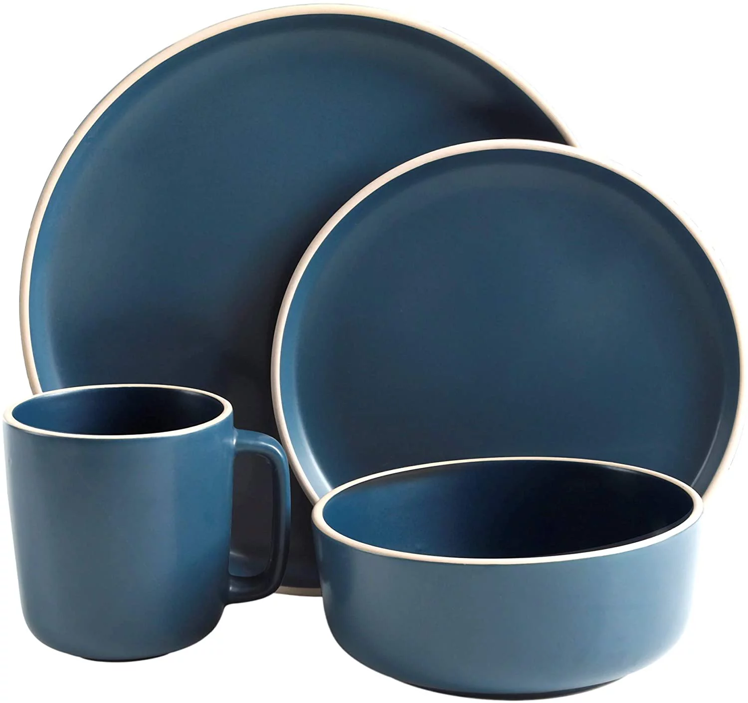 Gibson Home Zuma 16 Piece Round Kitchen Dinnerware Set, Dishes, Plates, Bowls, Mugs, Service for 4, Matte Stoneware, Blue