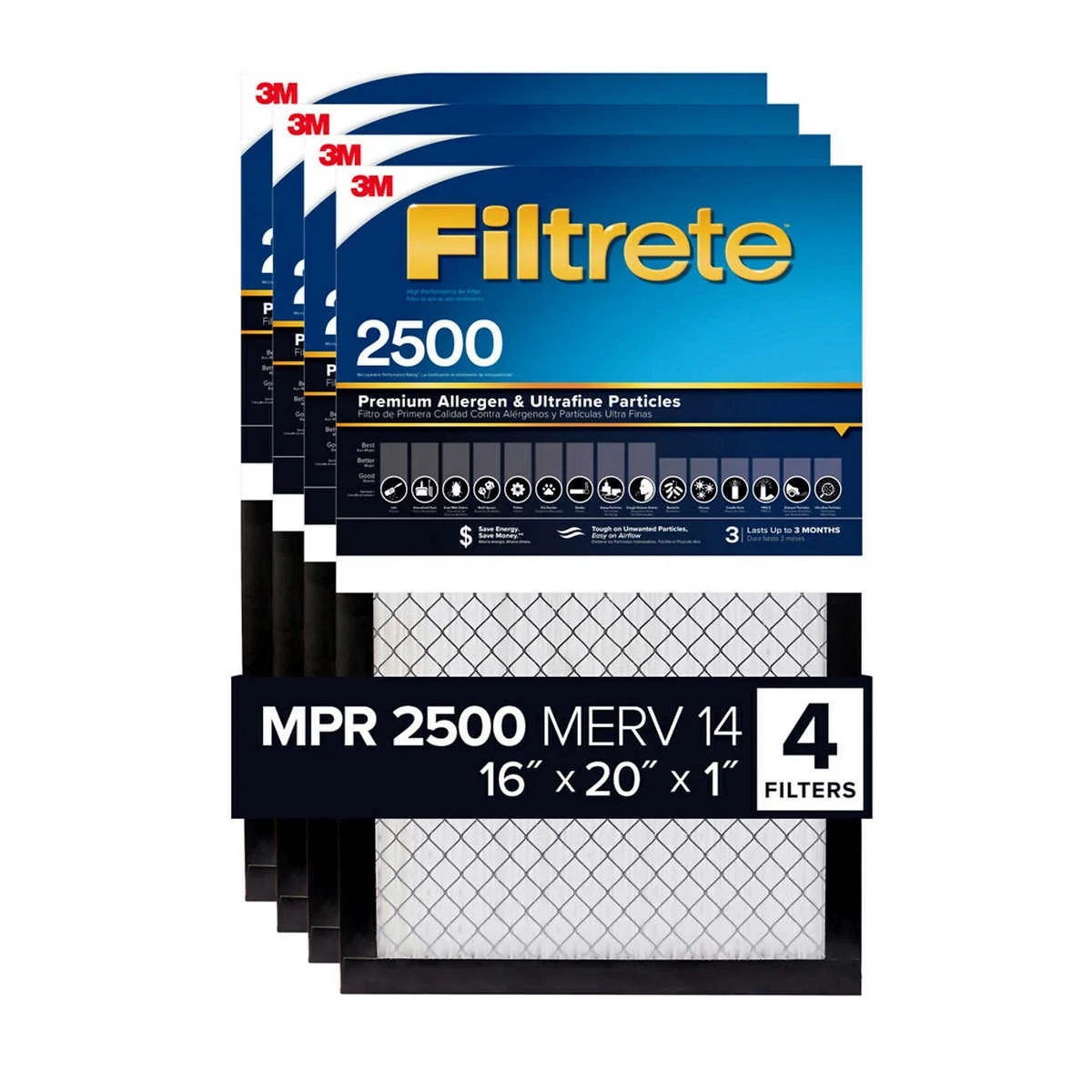 3M 2500 Series Filtrete 1' Filter MPR 2500 MERV 14, 4-pack
