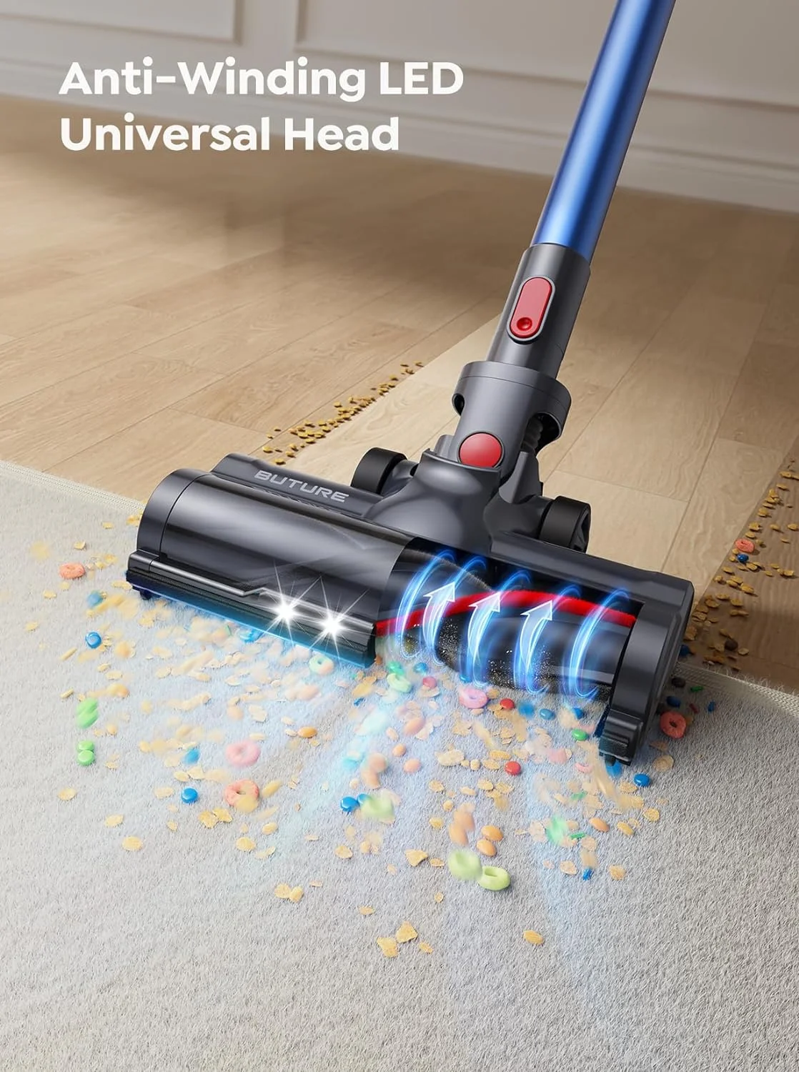 BUTURE Cordless Stick Vacuum Cleaner with 2200mAh Battery, 38KPA 450W Cordless Vacuum for Carpet Pet Hair Hardwood, JR700 Blue