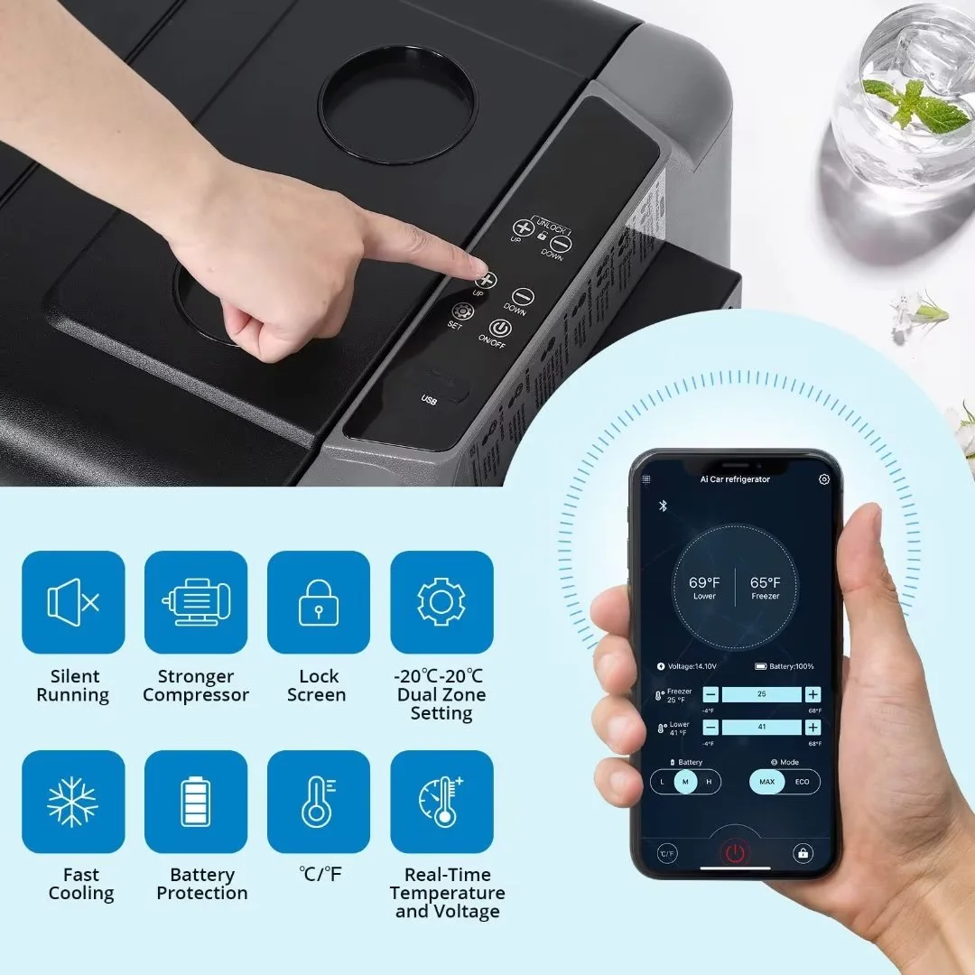 Car Refrigerator with APP Control 37 Quart Portable Freezer Car Fridge Dual Zone with 12/24V DC & 110-240V AC