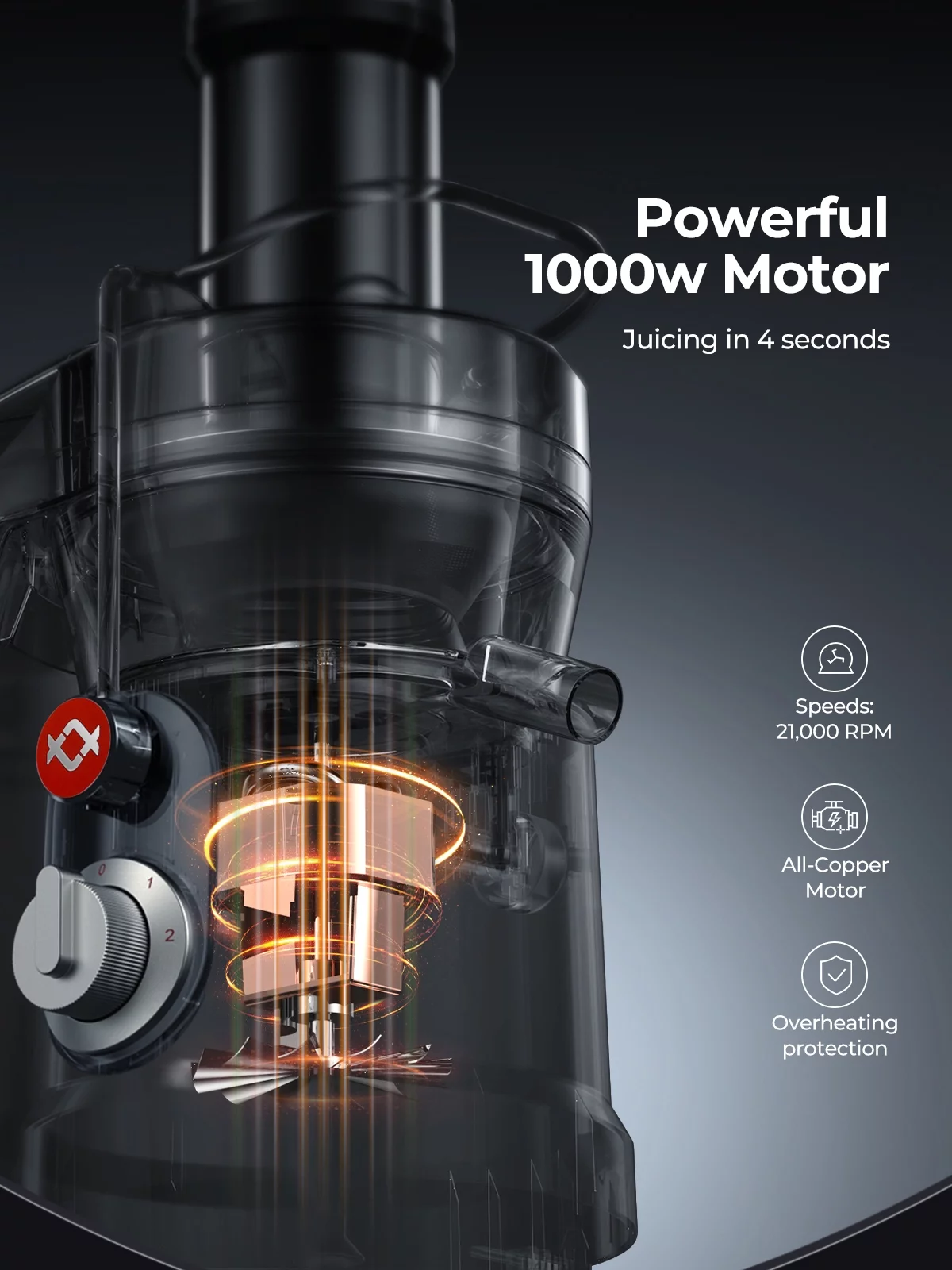 AMEGAT Juicer, 1000W Centrifugal Juicer Machine with 3.2' Wider Mouth Food Chute for Whole Fruits and Vegetables, Powerful Juice Extrator, Easy to Clean, BPA Free, Smoke Gray