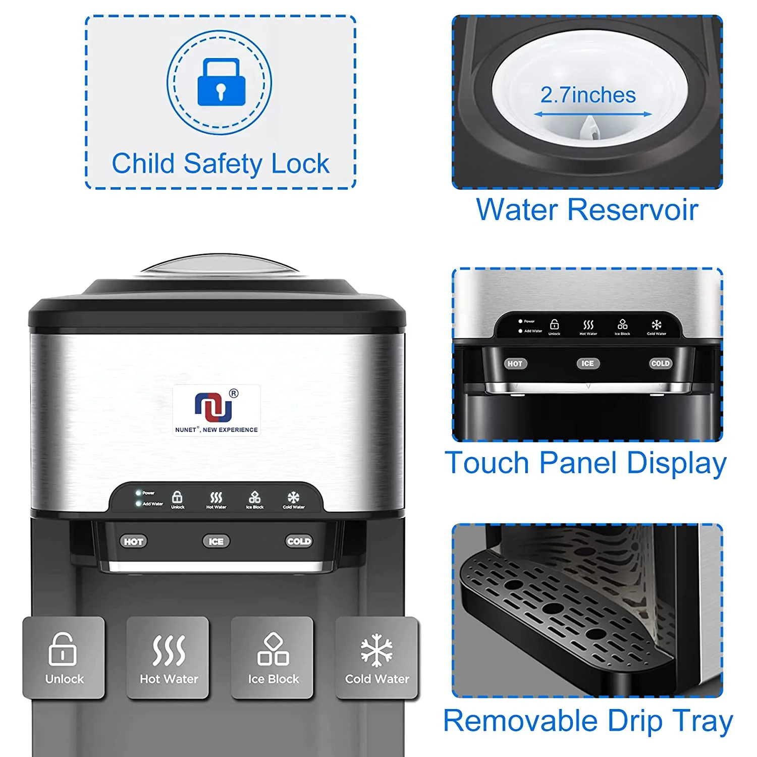 3-in-1 Portable Water Cooler Dispenser Ice Maker 44lbs Daily Ice Making Capacity Top Loading 5 Gallon Water Dispenser w. Child Safety Lock & Tri-Temp Water Option-Hot, Cold & Ice Block