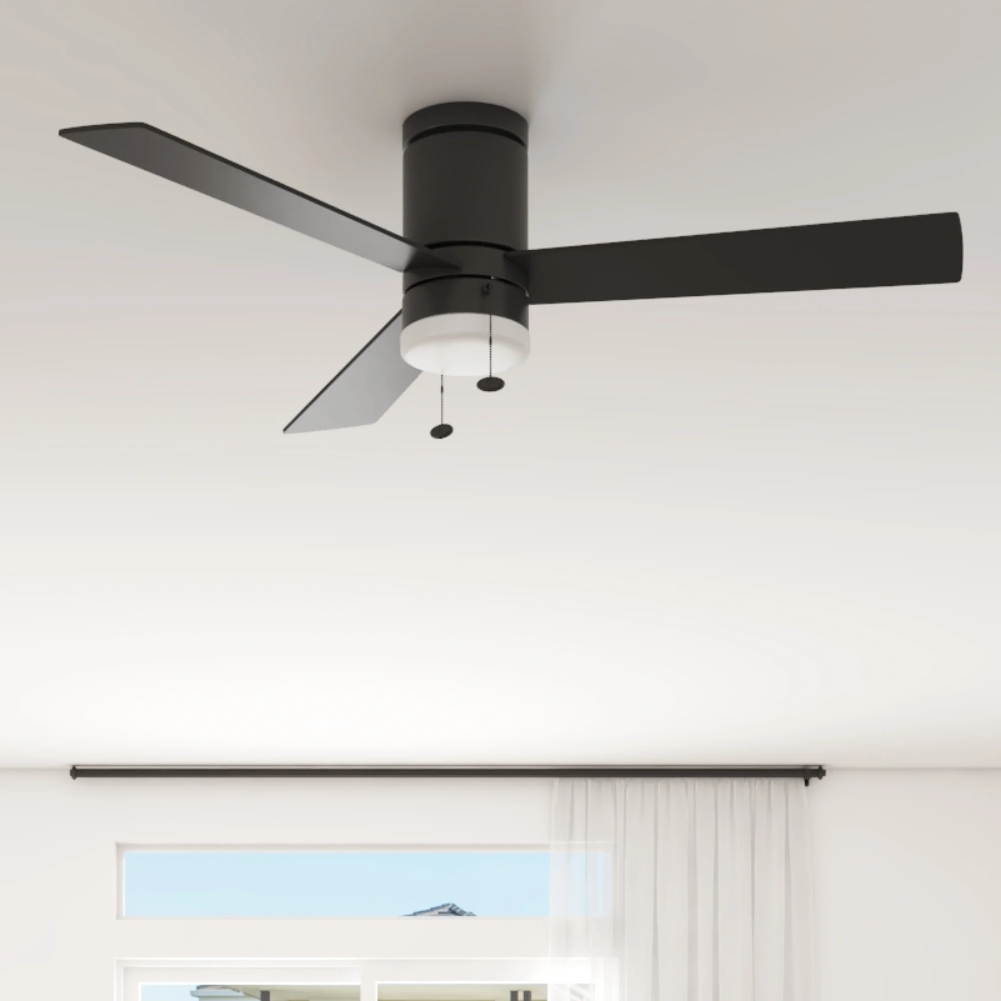 Better Homes & Gardens 52' Matte Black Indoor Flushmount Ceiling Fan with Color Changing Light, 3 Blades, Pull Chain Control & Reverse Airflow