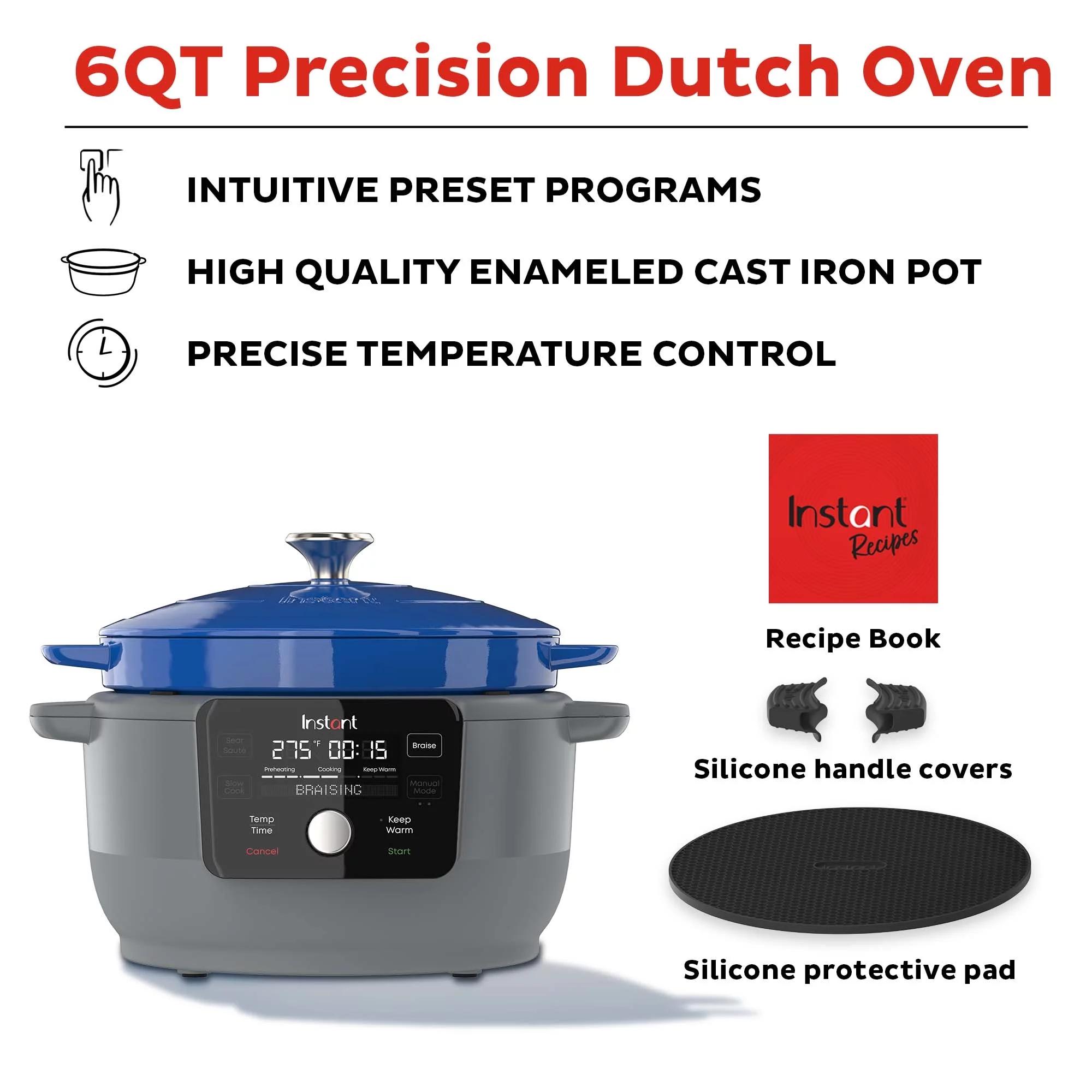 Instant 6-Quart Electric Round Dutch Oven, 5-in-1: Braise, Slow Cook, Sear/Saut��, Cooking Pan, Food Warmer, Enameled Cast Iron, Included Recipe Book, Blue