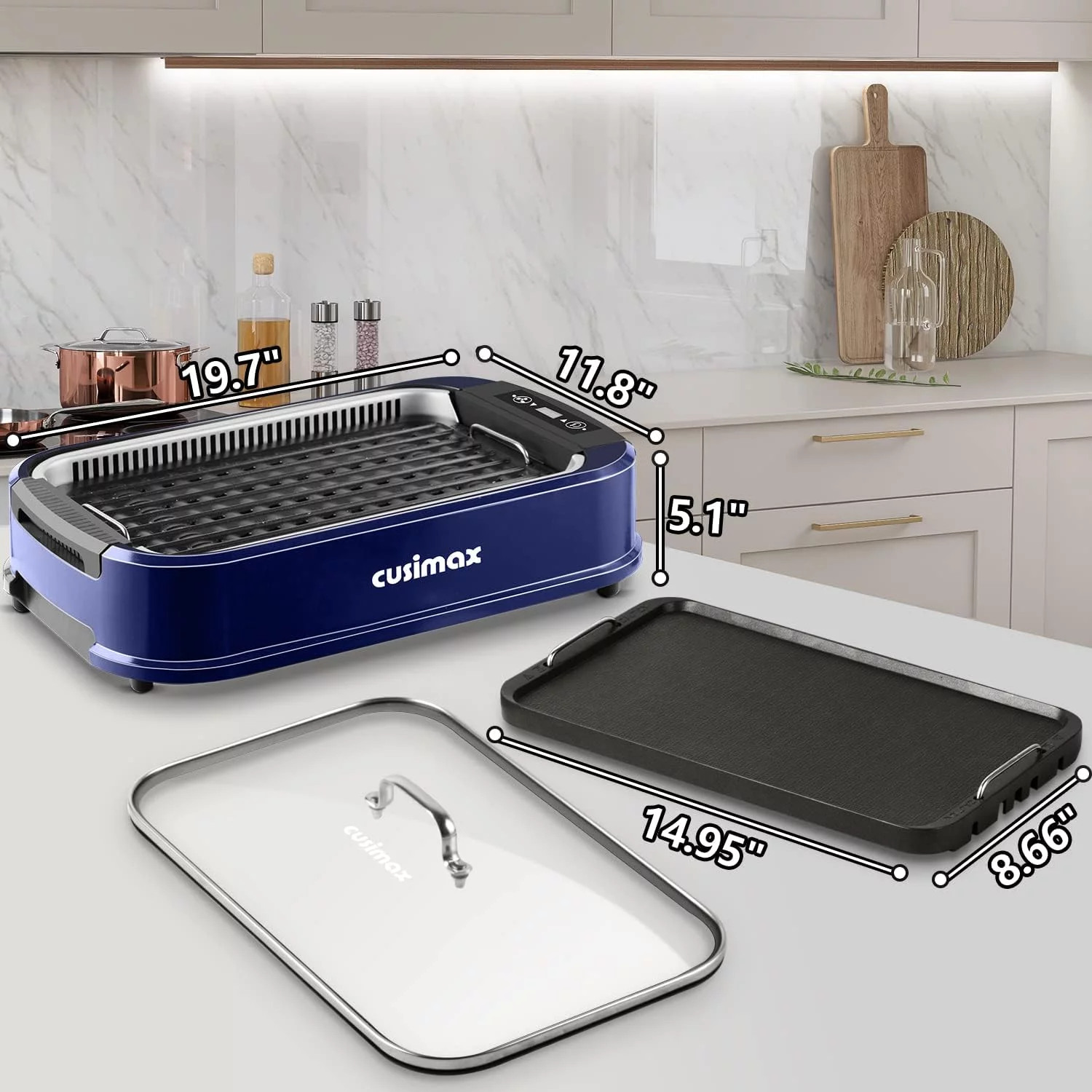 Cusimax Smokeless Indoor Electric Griddle Grill,1500W Portable Korean BBQ Grill with LED Smart Display & Tempered Glass Lid, Non-stick Removable Grill & Griddle Plate, Blue