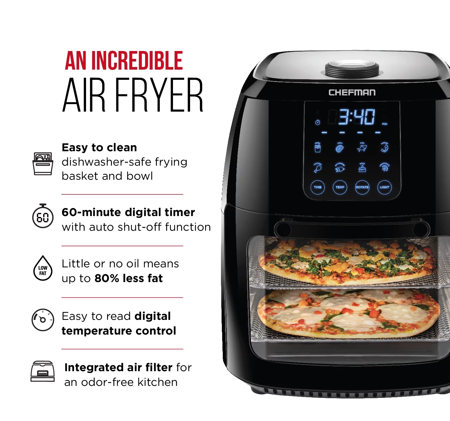 Chefman Digital Air Fryer + Rotisserie Oven, 6.3 Qt Capacity, Multi-Function, Black