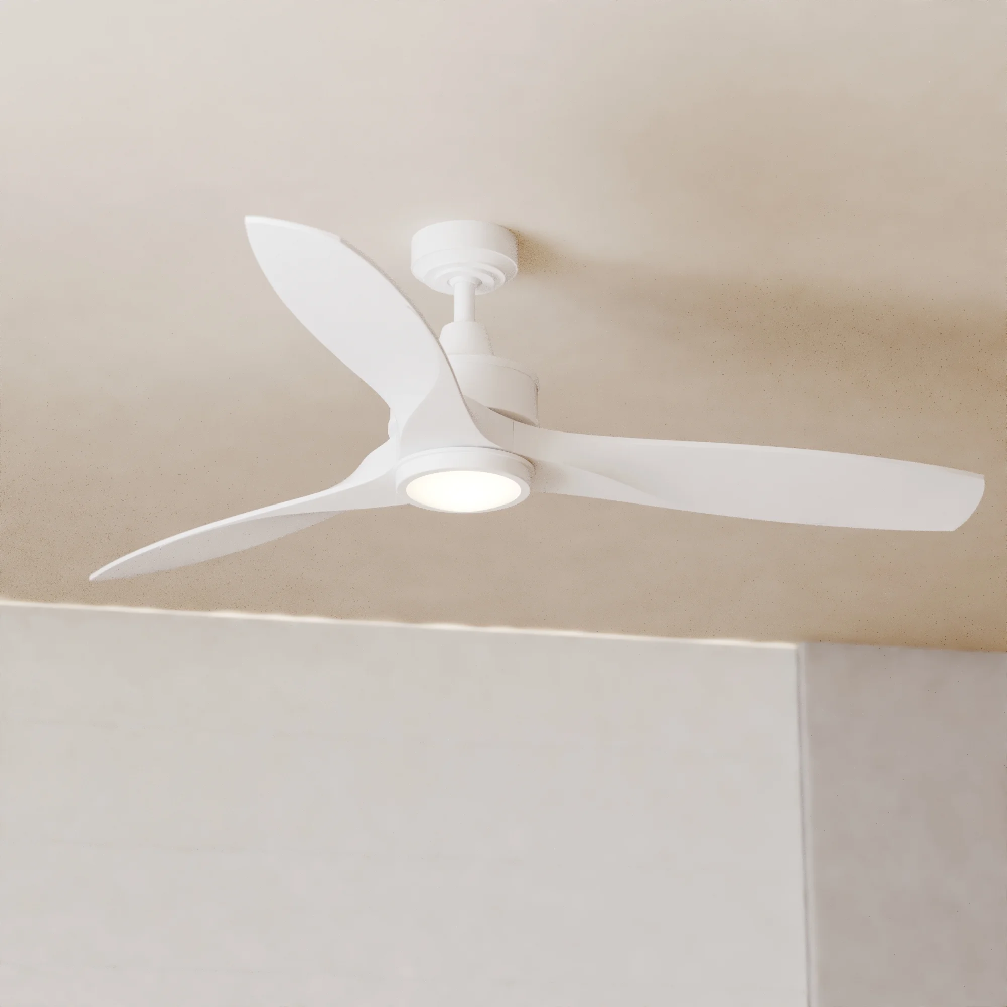 Curtiss 52-in. White Contemporary Indoor Outdoor Propeller Ceiling Fan with Wood Blades, Integrated LED Light Kit and Remote