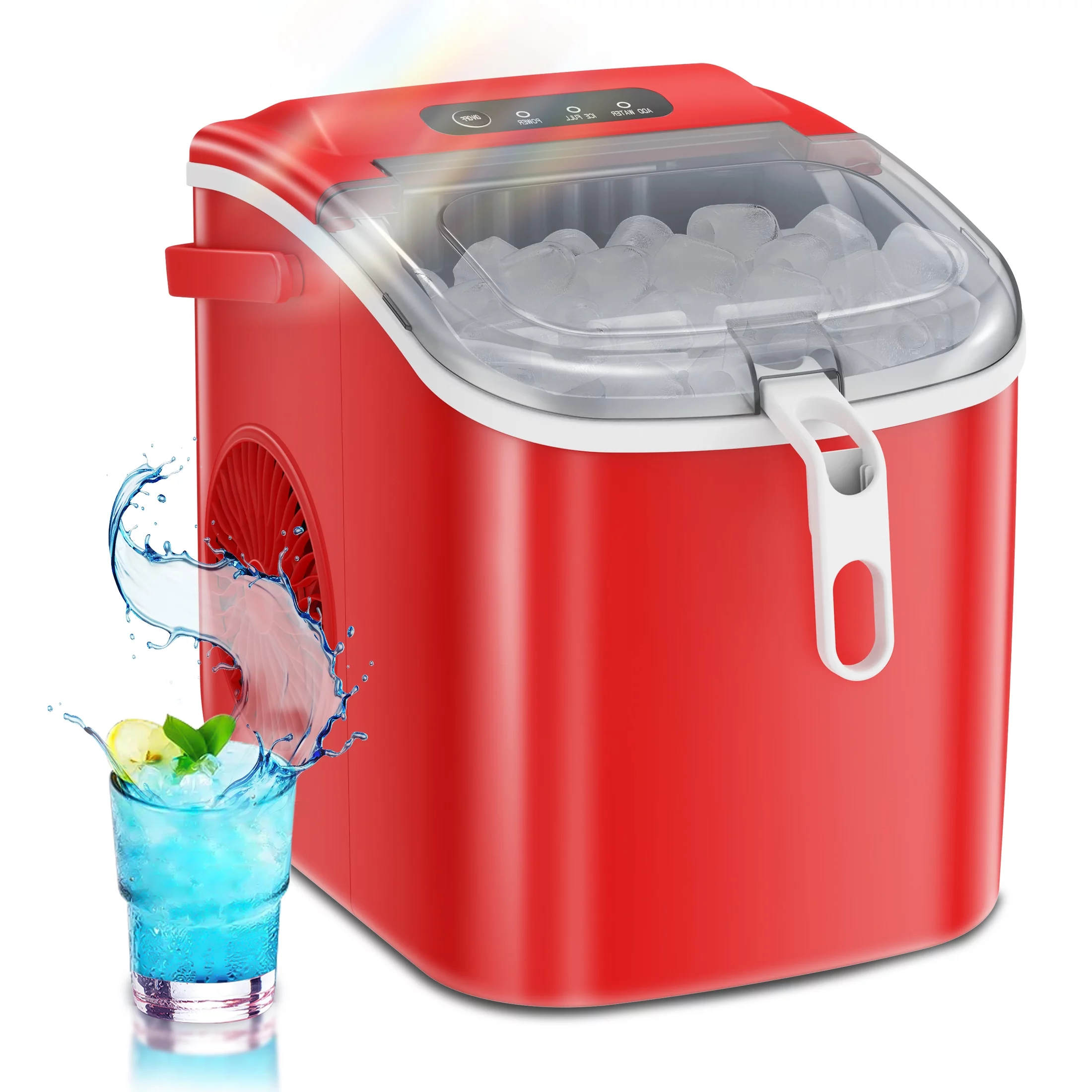 KISSAIR Countertop Ice Maker Portable Ice Machine, Basket Handle, Self-Cleaning Ice Makers, 26Lbs/24H, 9 Ice Cubes Ready in 6 Mins, S/L ice, for Home Kitchen Bar Party (Red)