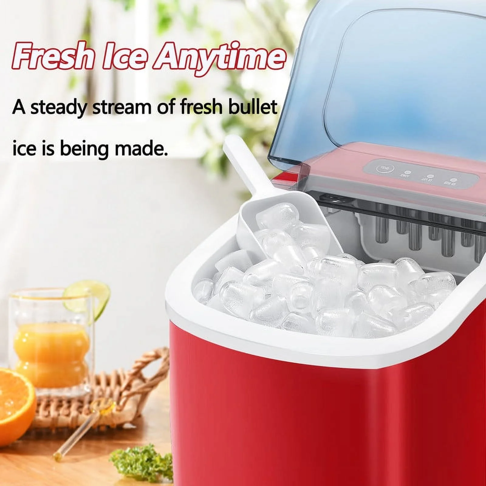Countertop Ice Makers Machine with Handle, 26Lbs/24H, 9 Ice Cubes Ready in 8 Mins (Red)