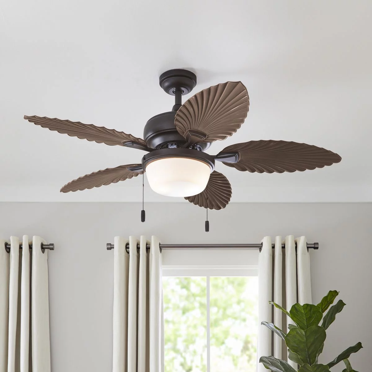 Better Homes & Gardens 52' Bronze Ceiling Fan, 5 Palm Leaf Blades, LED Light, Indoor/ Outdoor
