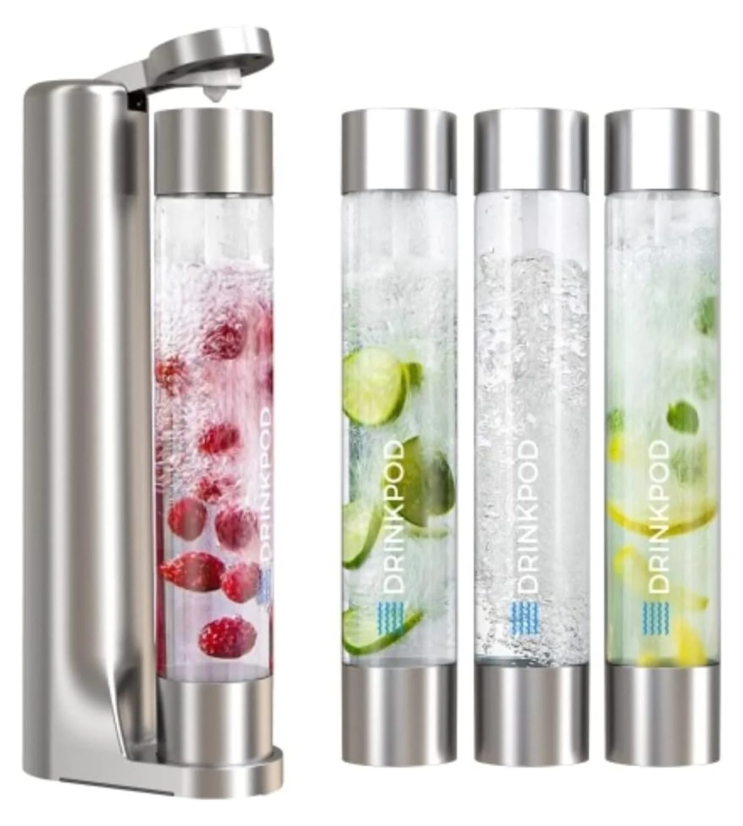 Fizzpod Home Soda Maker Sparkling Water Carbonator With 3 Bottles and 2 Bottle Brushes (Silver)