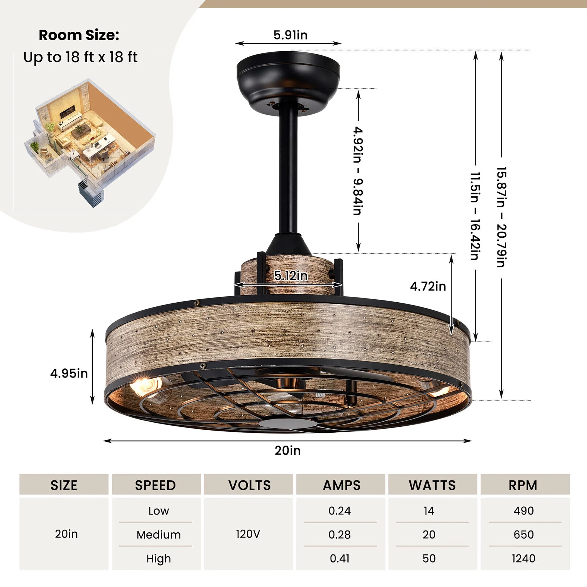 Gymax 20'' Caged Ceiling Fan 3 Wind Speeds with Light & Remote Control for Bedroom