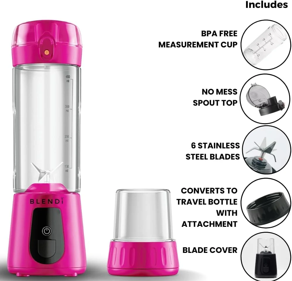 Blendi Pro Plus Premium Cordless Portable 17.5oz Rechargeable Blender, Hot Pink