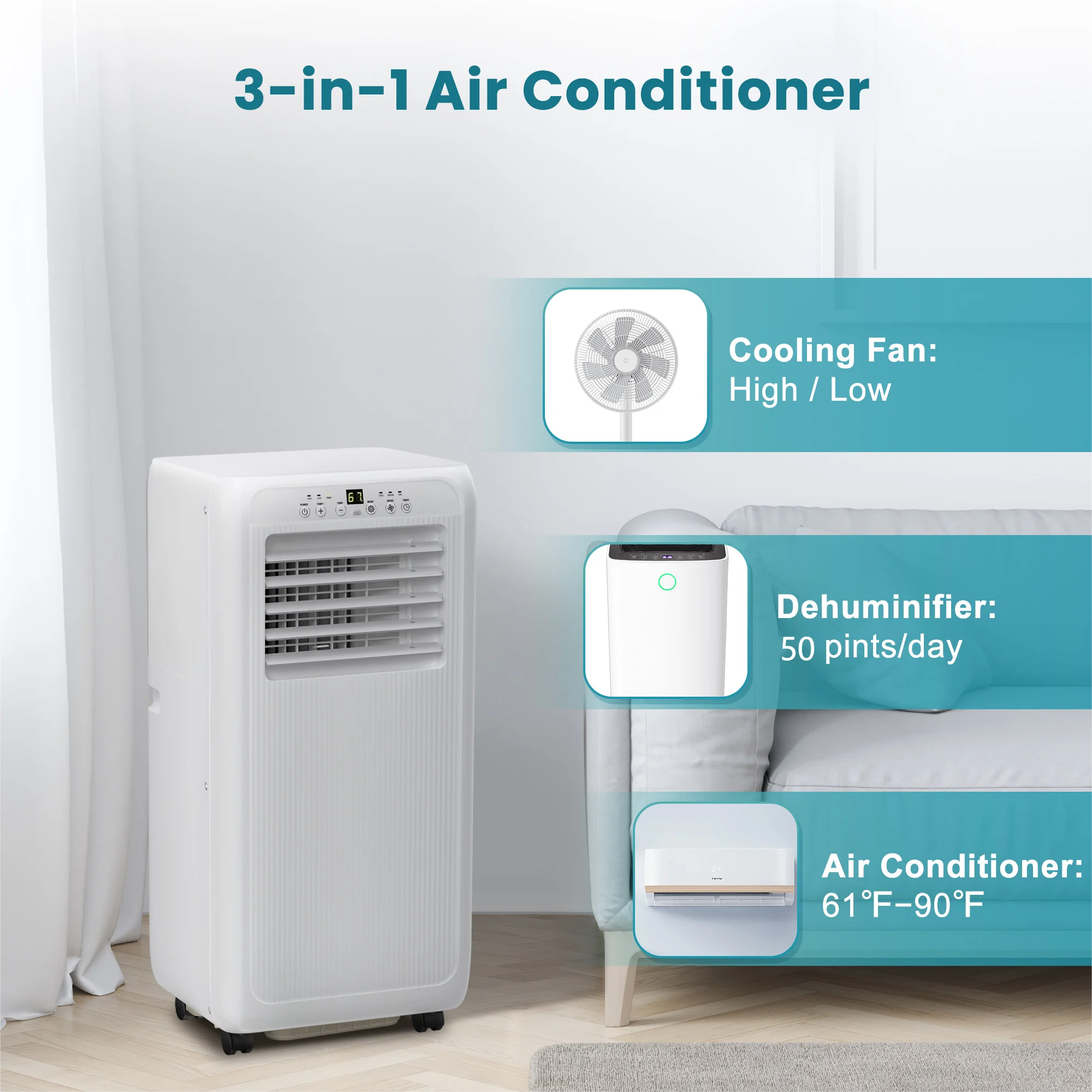 Besttey 10000 BTU Portable Air Conditioner Cools up to 350 Sq.ft w/Dehumidifier & Fan Mode, Remote Control & Removable Wheels, White