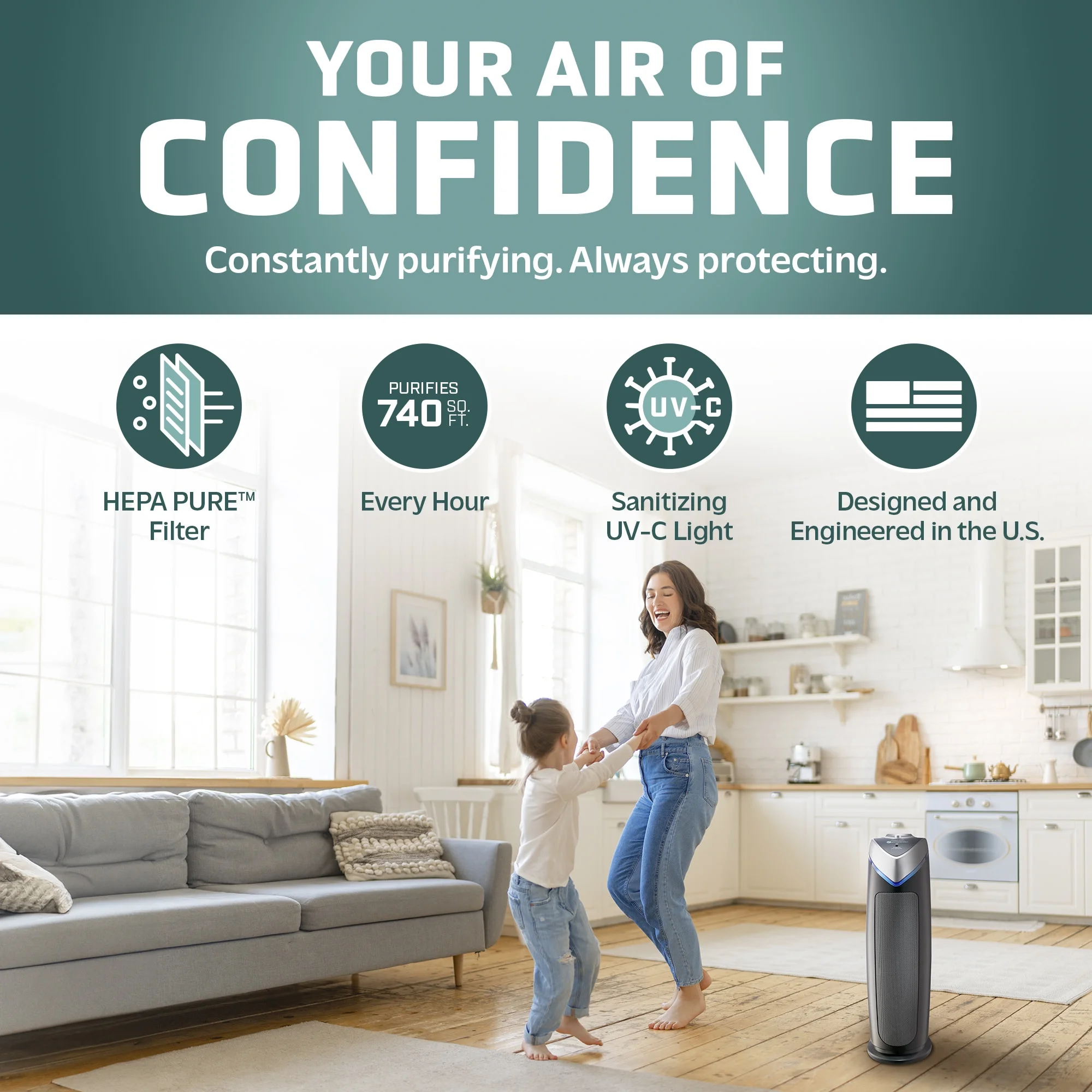 GermGuardian Air Purifier with HEPA Filter and UV-C Sanitizer, 743 Sq. ft, AC4825E, Gray