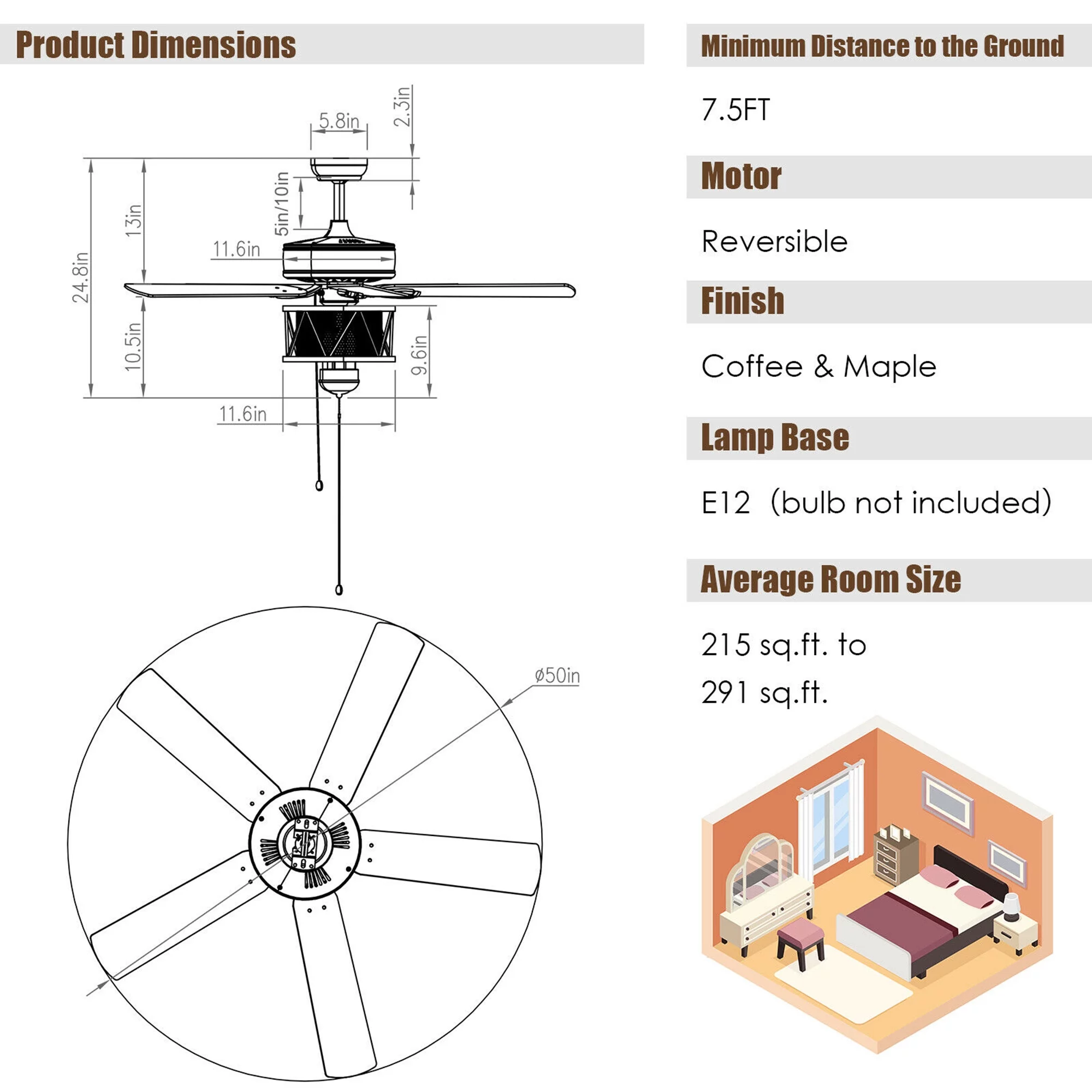Gymax 50'' Ceiling Fan with Lights Reversible Blades w/ Pull Chain Control Living Room