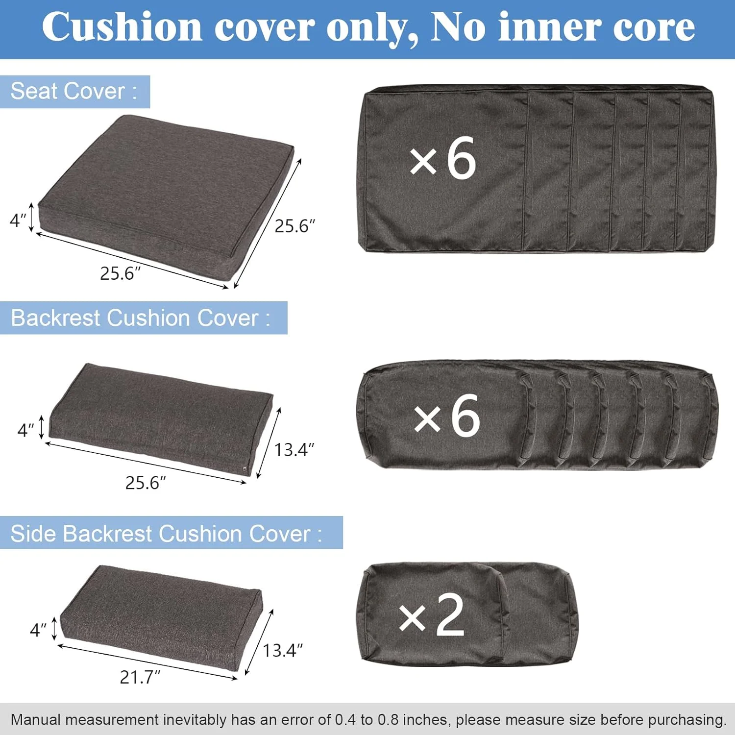 Kinbor 14 Piece Patio Cushion Covers Replacement, Outdoor Patio Wicker Sofa Washable Cushion Slipcovers with Zipper, Dark Gray